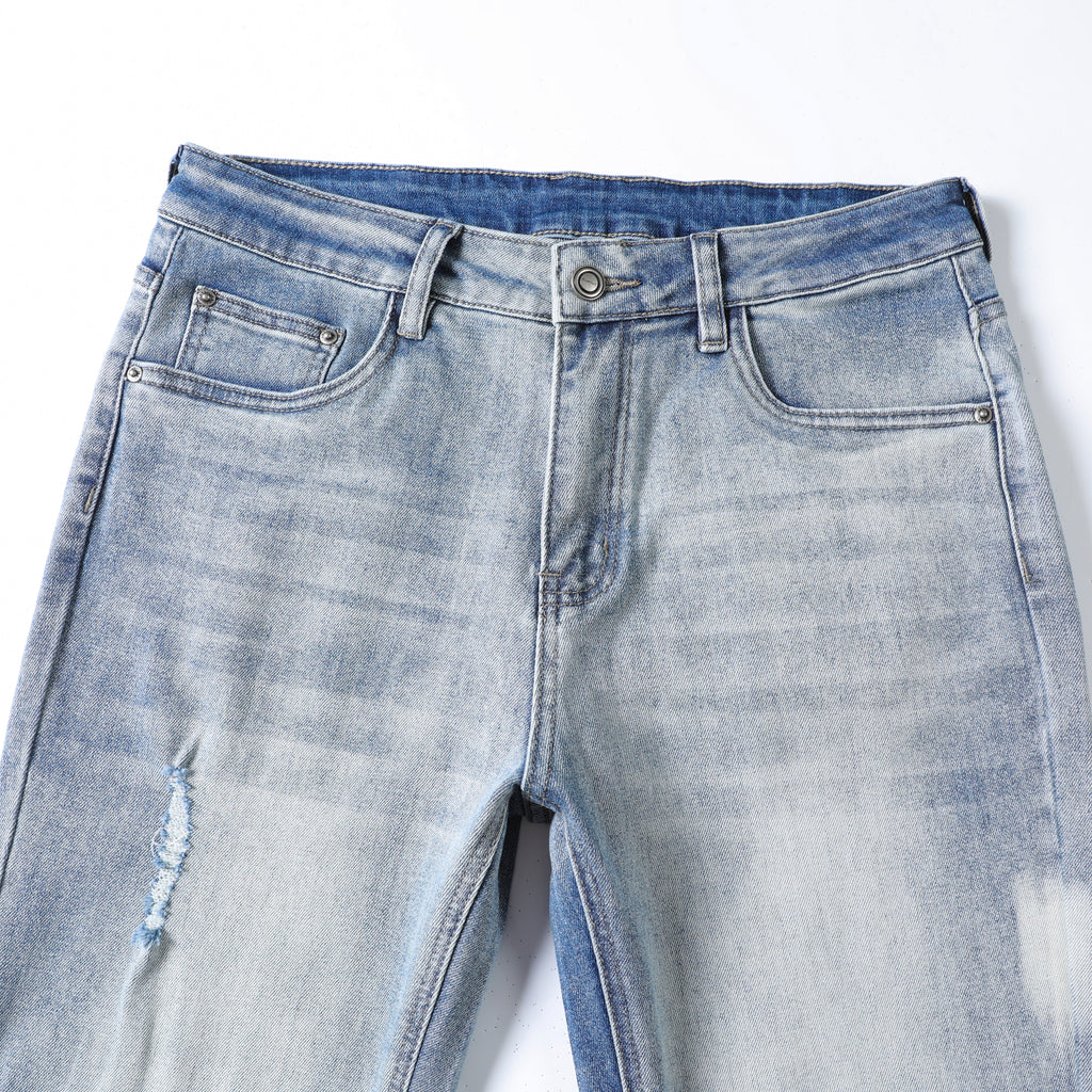 Men’s Light Wash Ripped Jeans – Slim Straight Distressed Denim Pants with Bleached Wash Detail