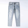 Men’s Light Wash Distressed Jeans – Slim Straight Ripped Denim Pants with Paint Splatter & Whisker Detail