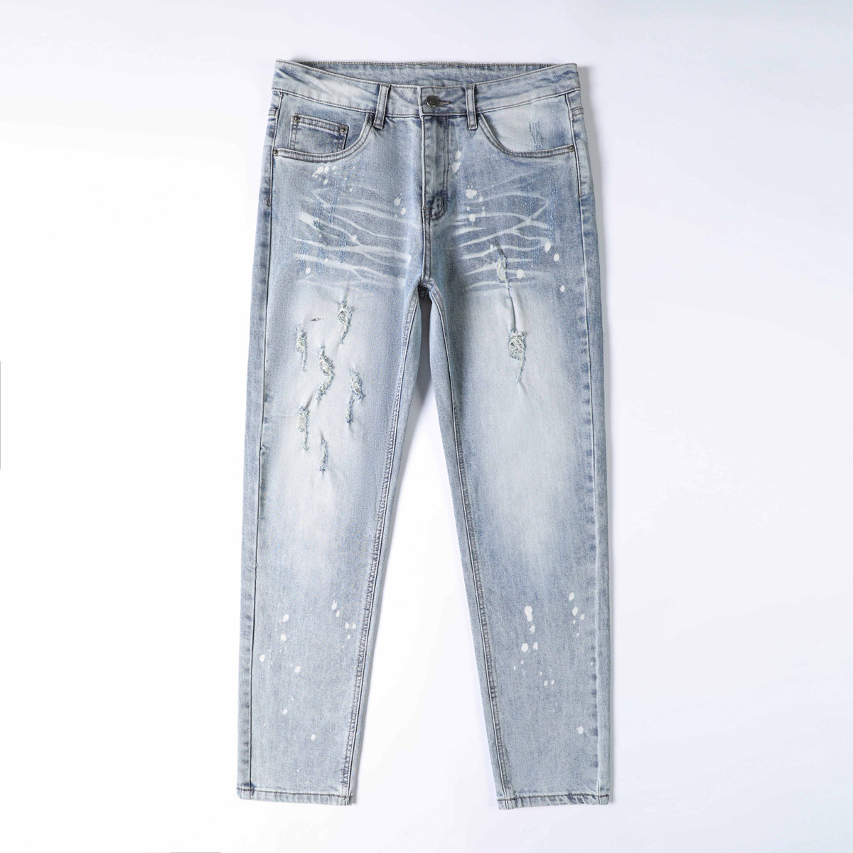 Men’s Light Wash Distressed Jeans – Slim Straight Ripped Denim Pants with Paint Splatter & Whisker Detail