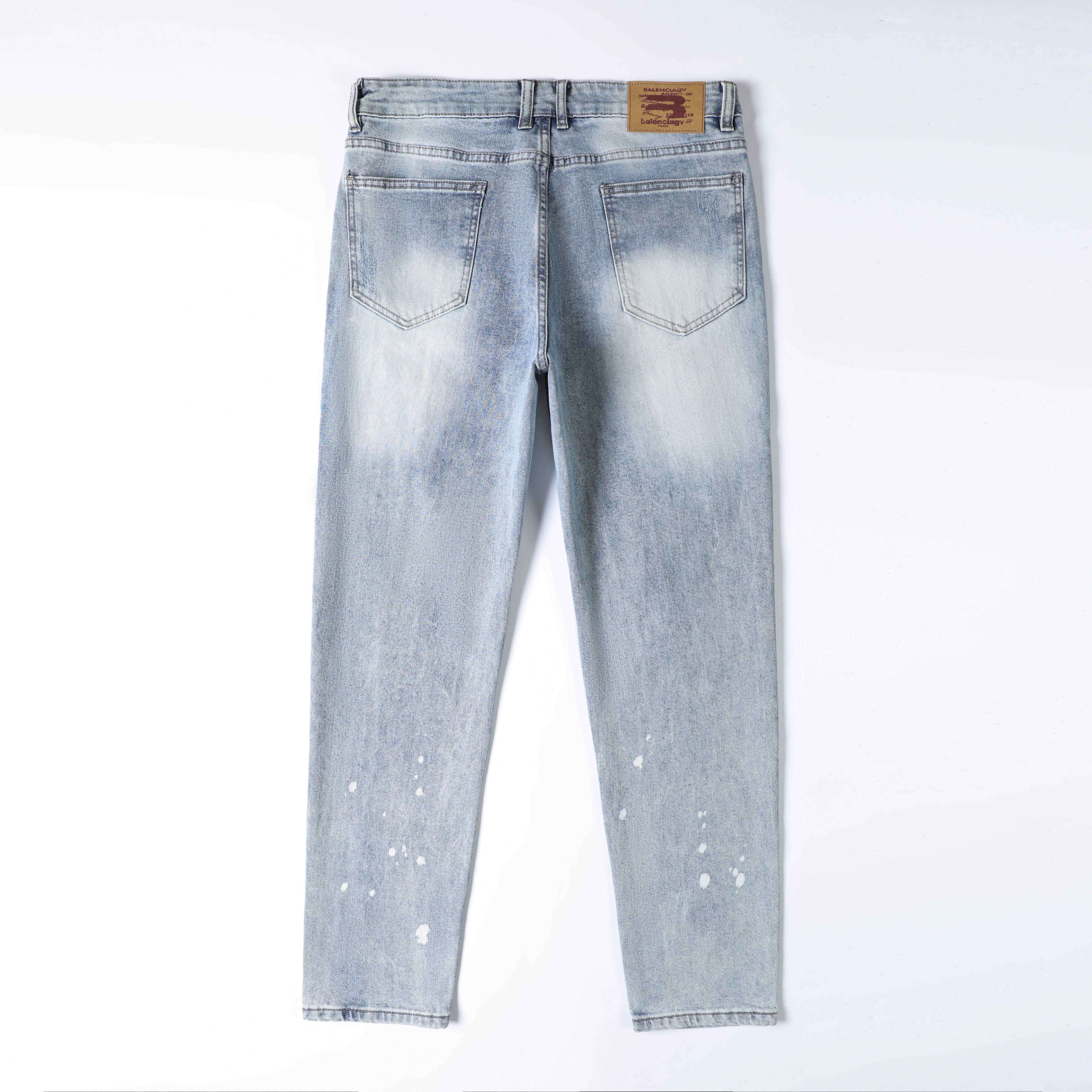 Men’s Light Wash Distressed Jeans – Slim Straight Ripped Denim Pants with Paint Splatter & Whisker Detail