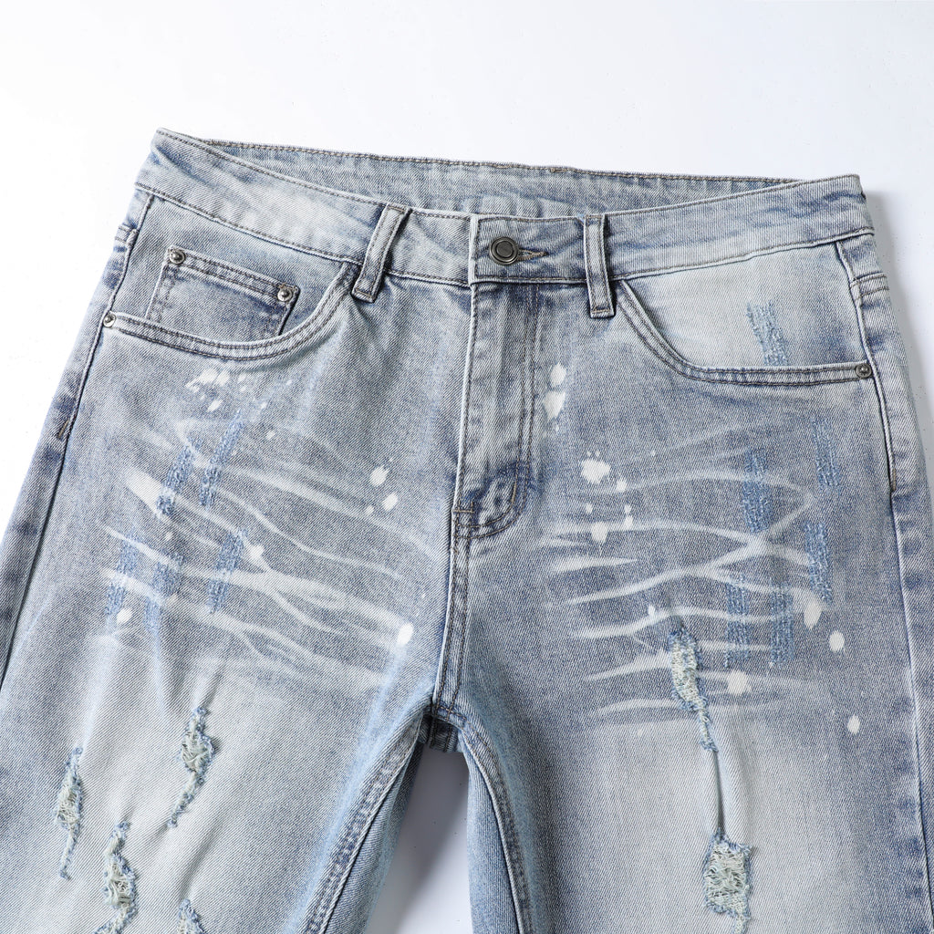 Men’s Light Wash Distressed Jeans – Slim Straight Ripped Denim Pants with Paint Splatter & Whisker Detail