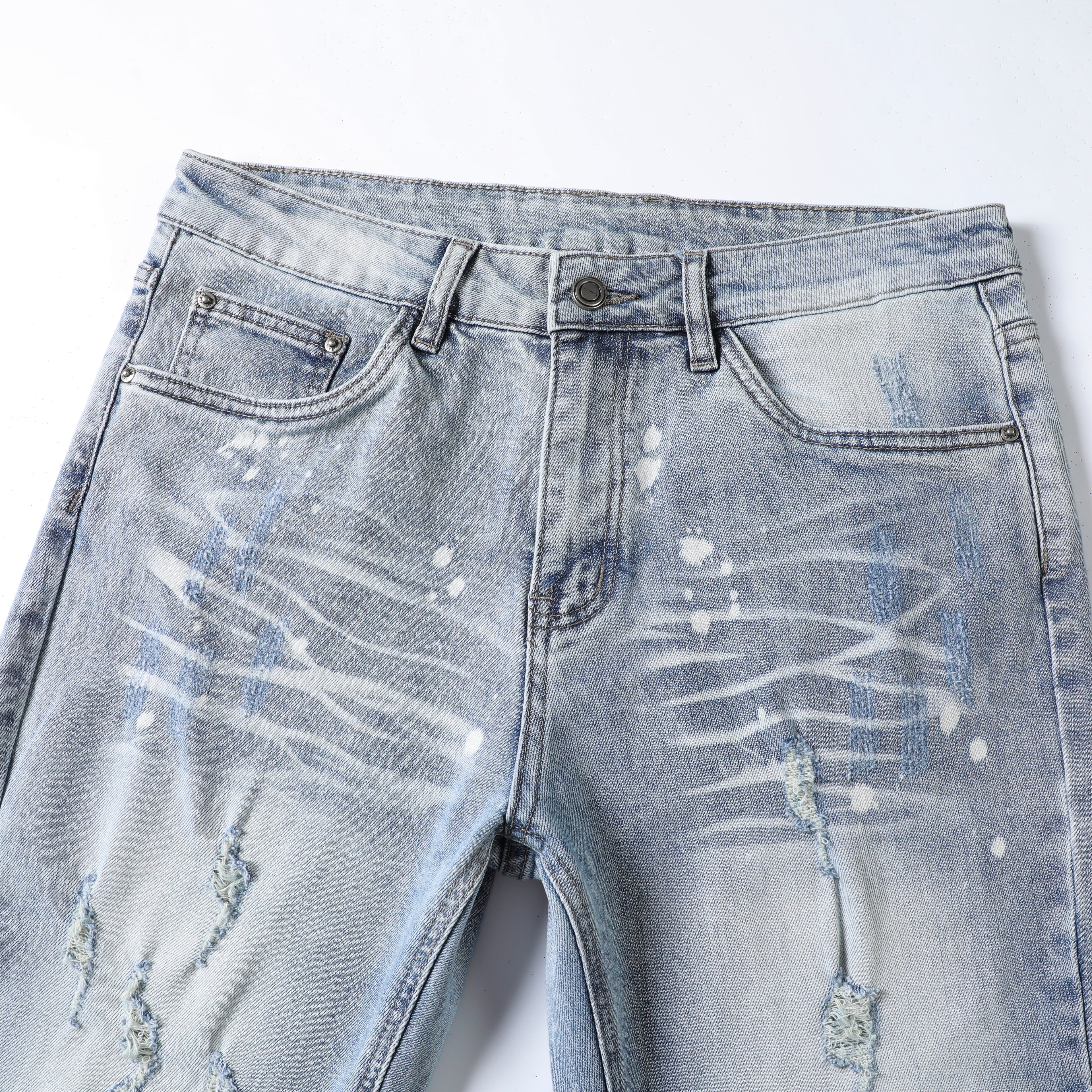 Men’s Light Wash Distressed Jeans – Slim Straight Ripped Denim Pants with Paint Splatter & Whisker Detail