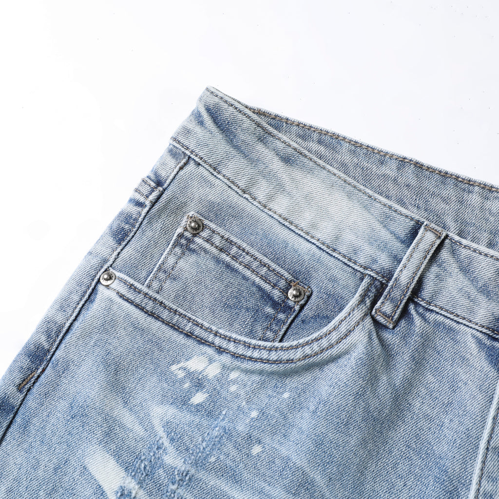 Men’s Light Wash Distressed Jeans – Slim Straight Ripped Denim Pants with Paint Splatter & Whisker Detail