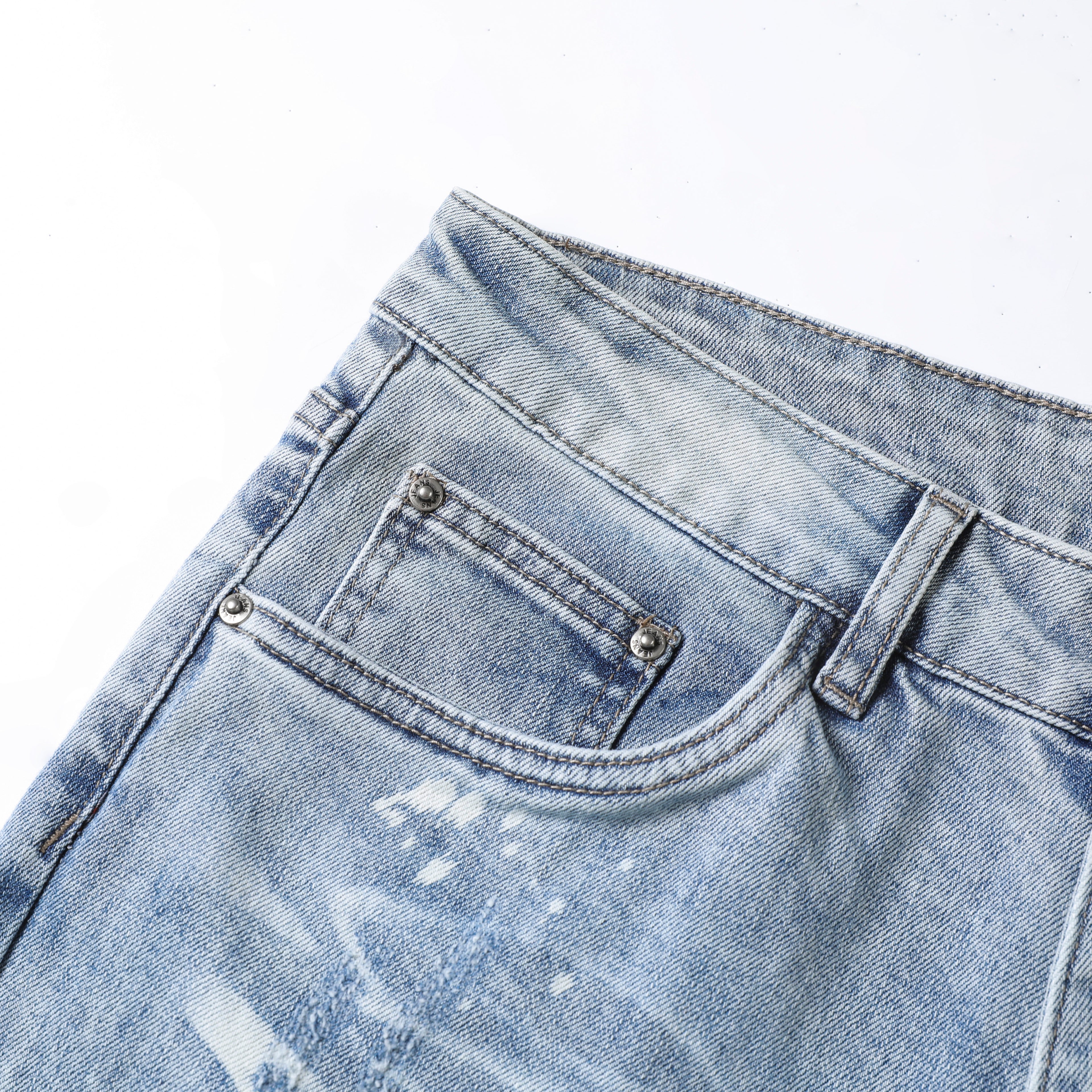 Men’s Light Wash Distressed Jeans – Slim Straight Ripped Denim Pants with Paint Splatter & Whisker Detail