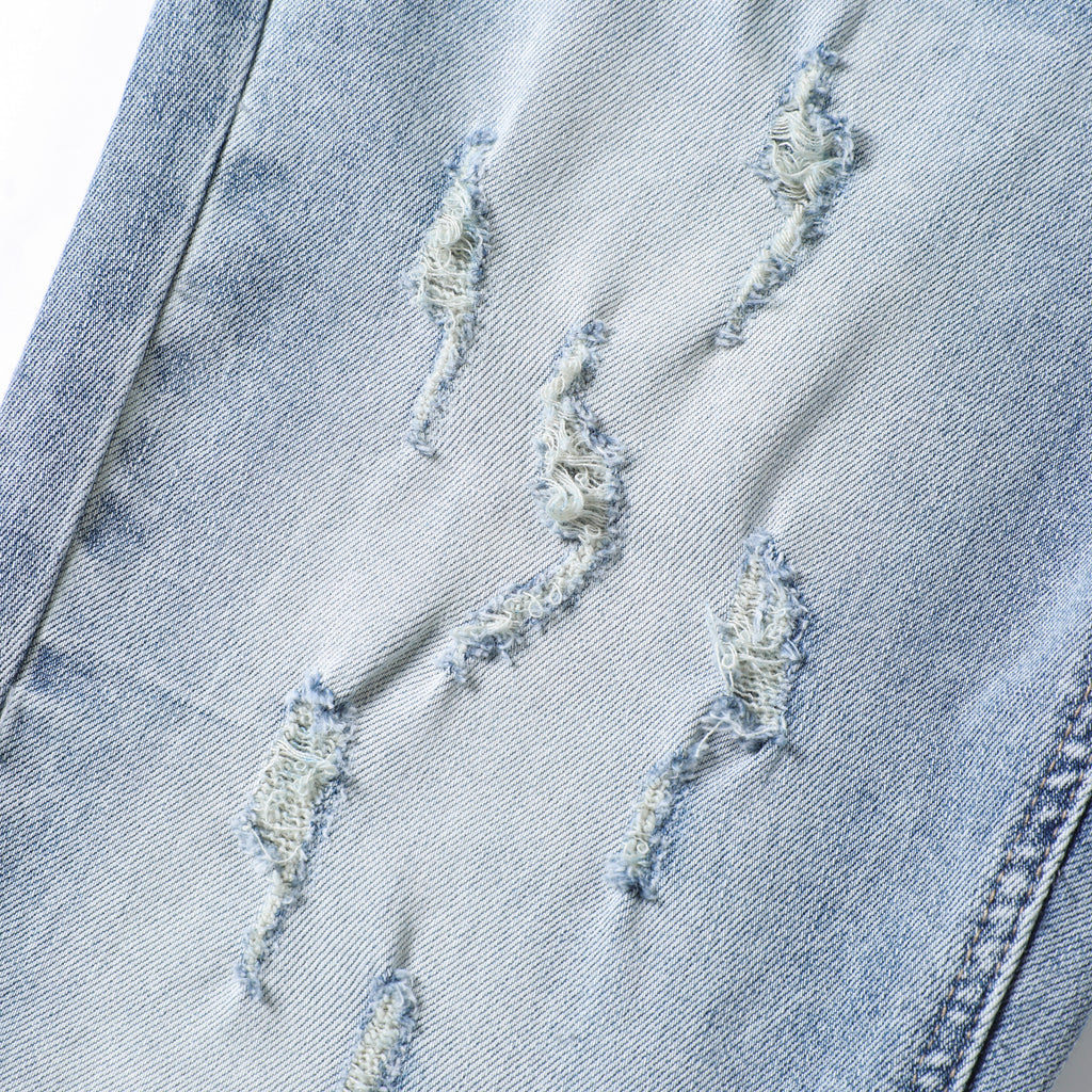Men’s Light Wash Distressed Jeans – Slim Straight Ripped Denim Pants with Paint Splatter & Whisker Detail