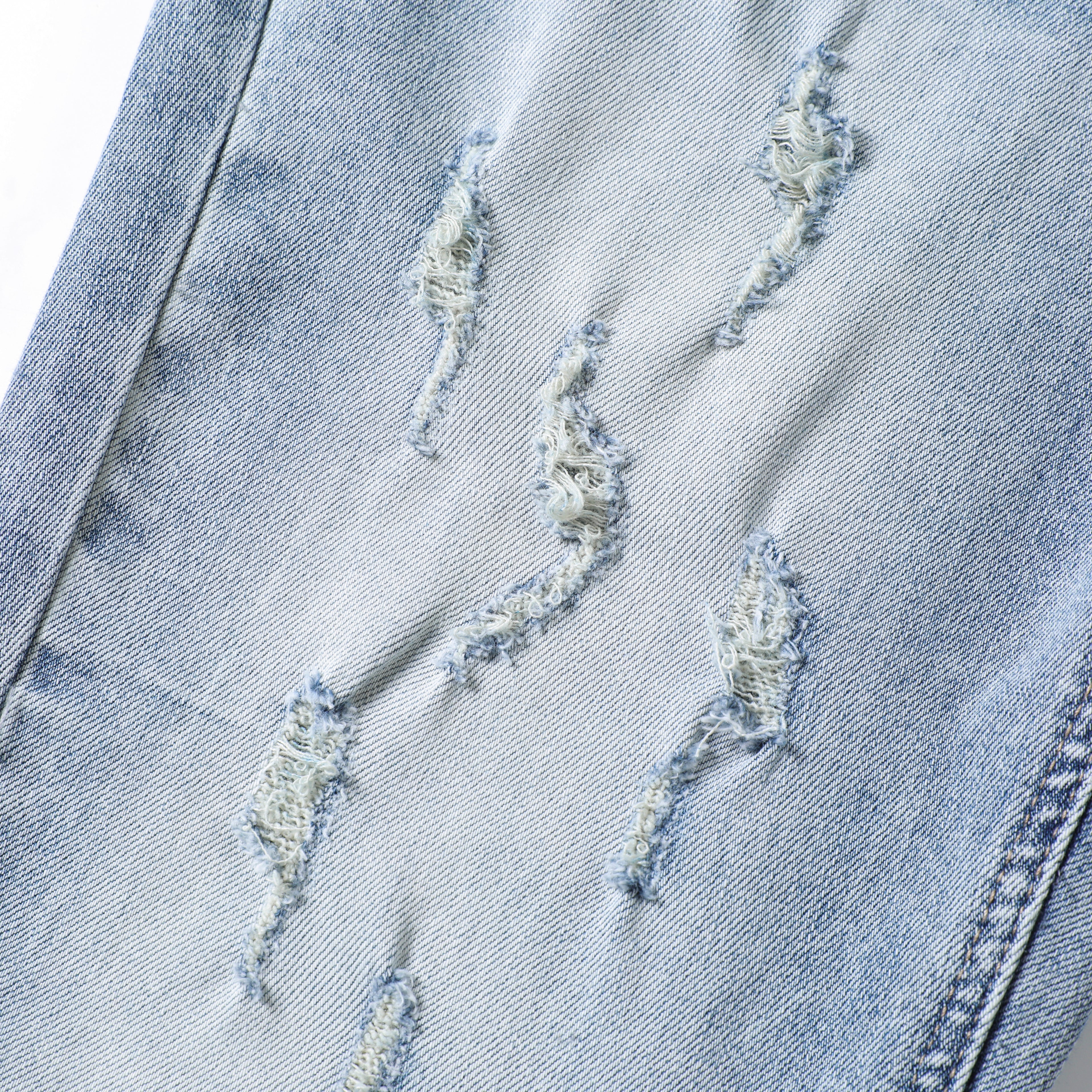 Men’s Light Wash Distressed Jeans – Slim Straight Ripped Denim Pants with Paint Splatter & Whisker Detail