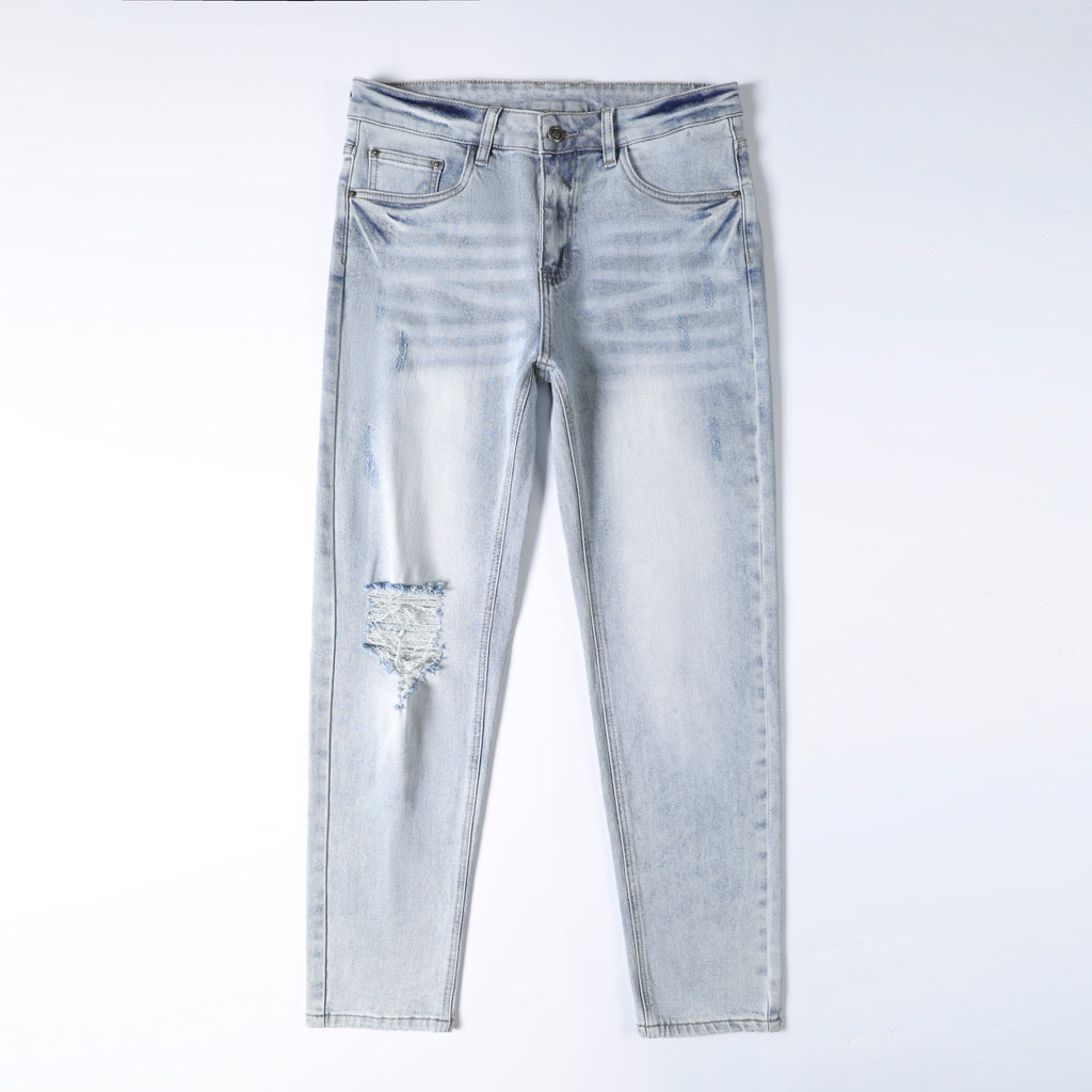 Men’s Light Wash Ripped Jeans – Slim Straight Distressed Denim Pants with Vintage Whisker Detail