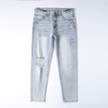 Men’s Light Wash Ripped Jeans – Slim Straight Distressed Denim Pants with Vintage Whisker Detail