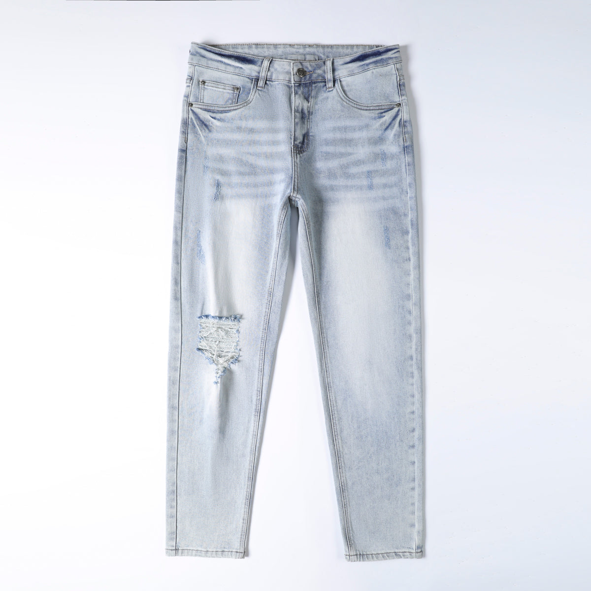 Men’s Light Wash Ripped Jeans – Slim Straight Distressed Denim Pants with Vintage Whisker Detail