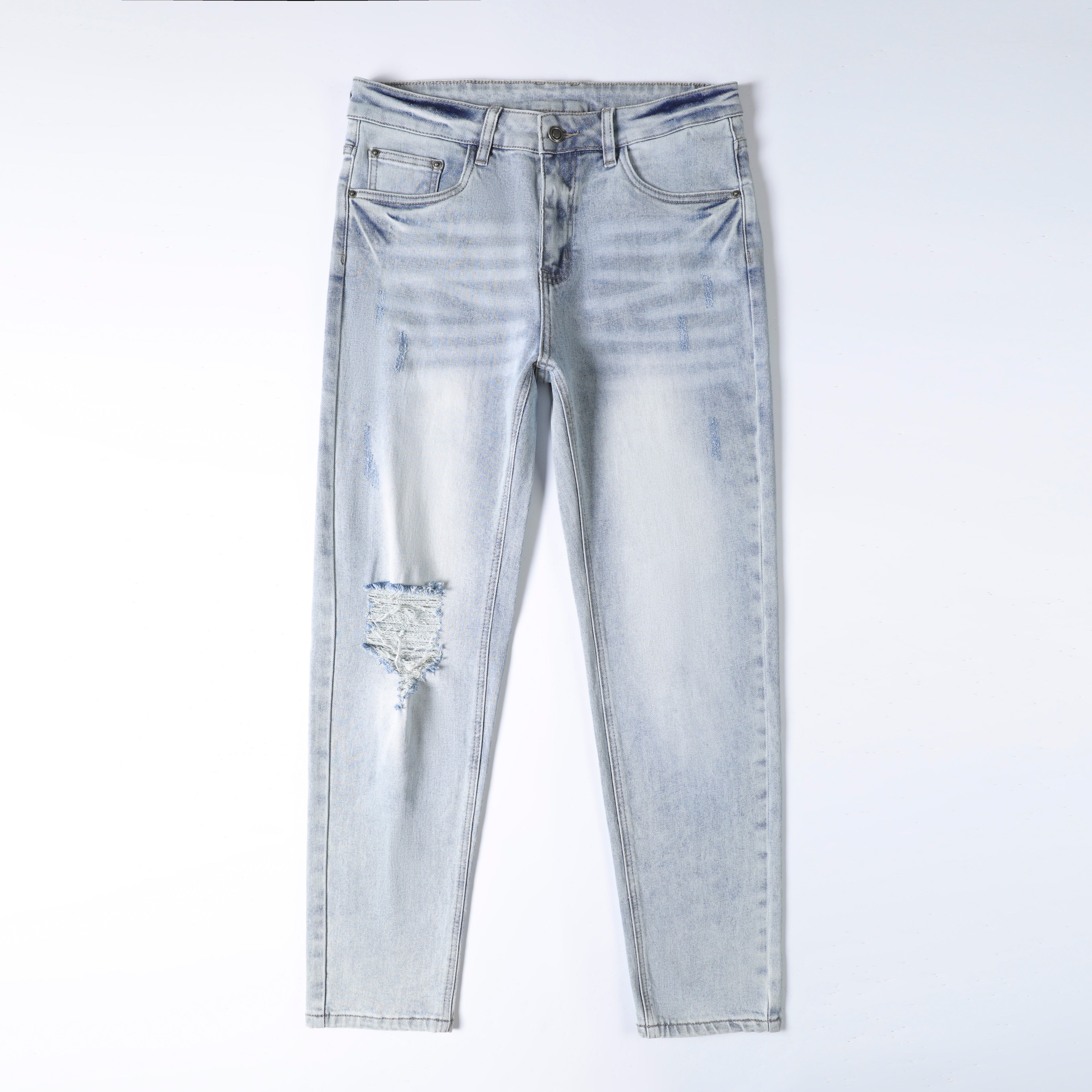 Men’s Light Wash Ripped Jeans – Slim Straight Distressed Denim Pants with Vintage Whisker Detail