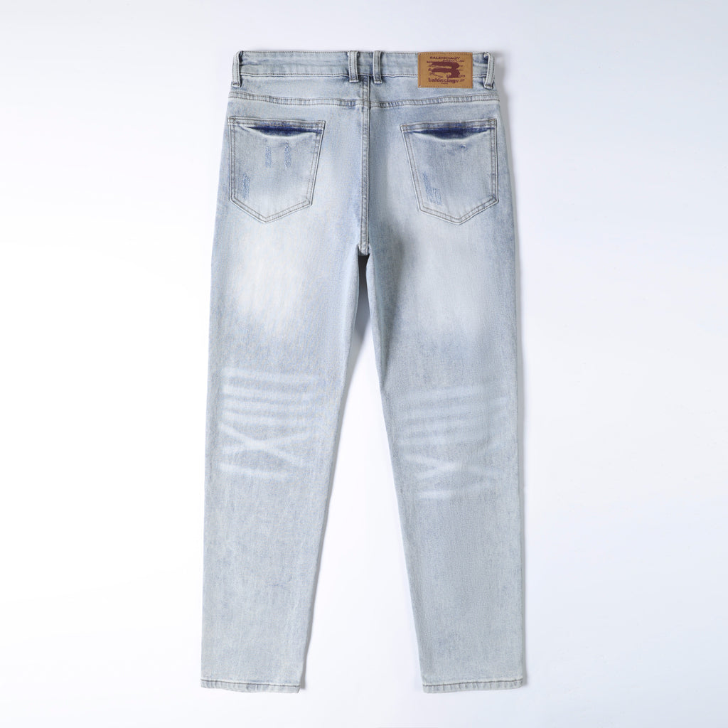 Men’s Light Wash Ripped Jeans – Slim Straight Distressed Denim Pants with Vintage Whisker Detail