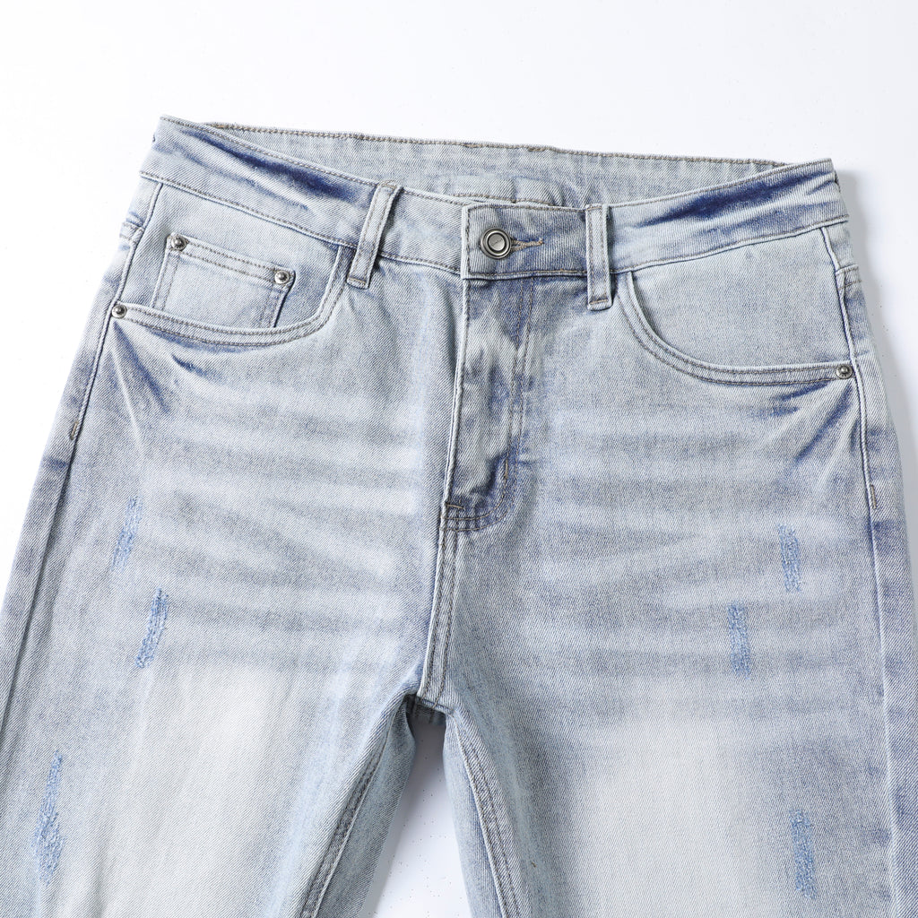 Men’s Light Wash Ripped Jeans – Slim Straight Distressed Denim Pants with Vintage Whisker Detail