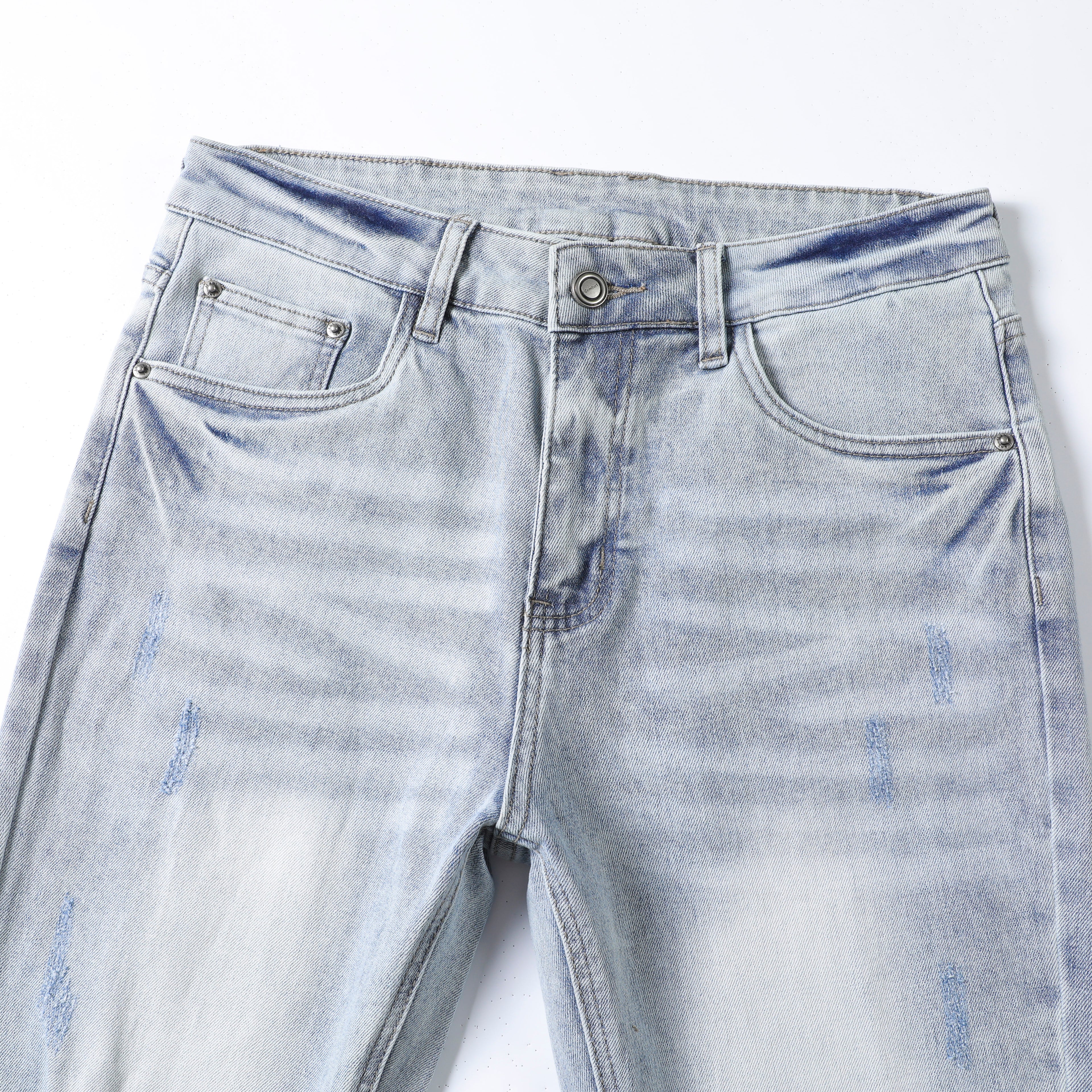 Men’s Light Wash Ripped Jeans – Slim Straight Distressed Denim Pants with Vintage Whisker Detail