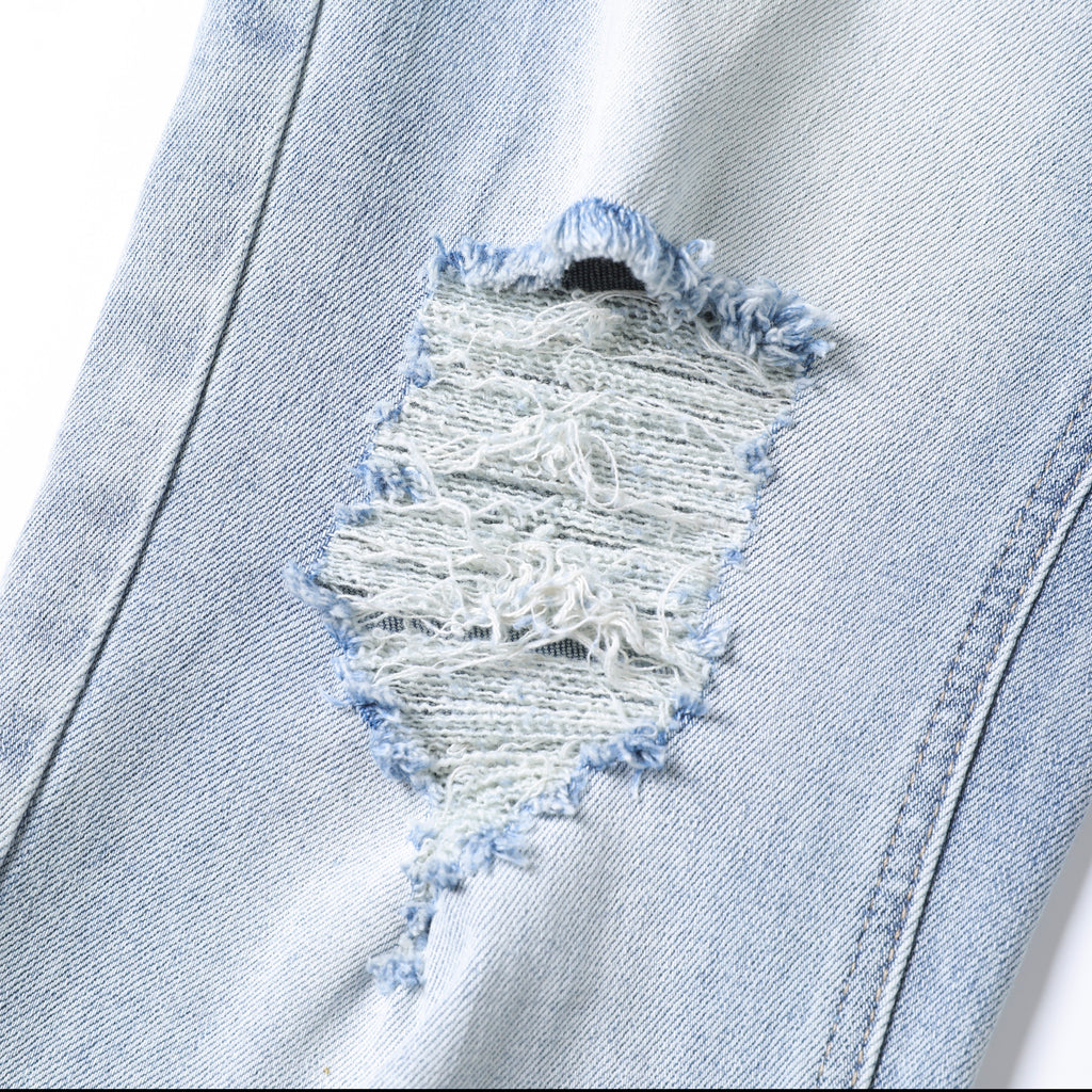 Men’s Light Wash Ripped Jeans – Slim Straight Distressed Denim Pants with Vintage Whisker Detail