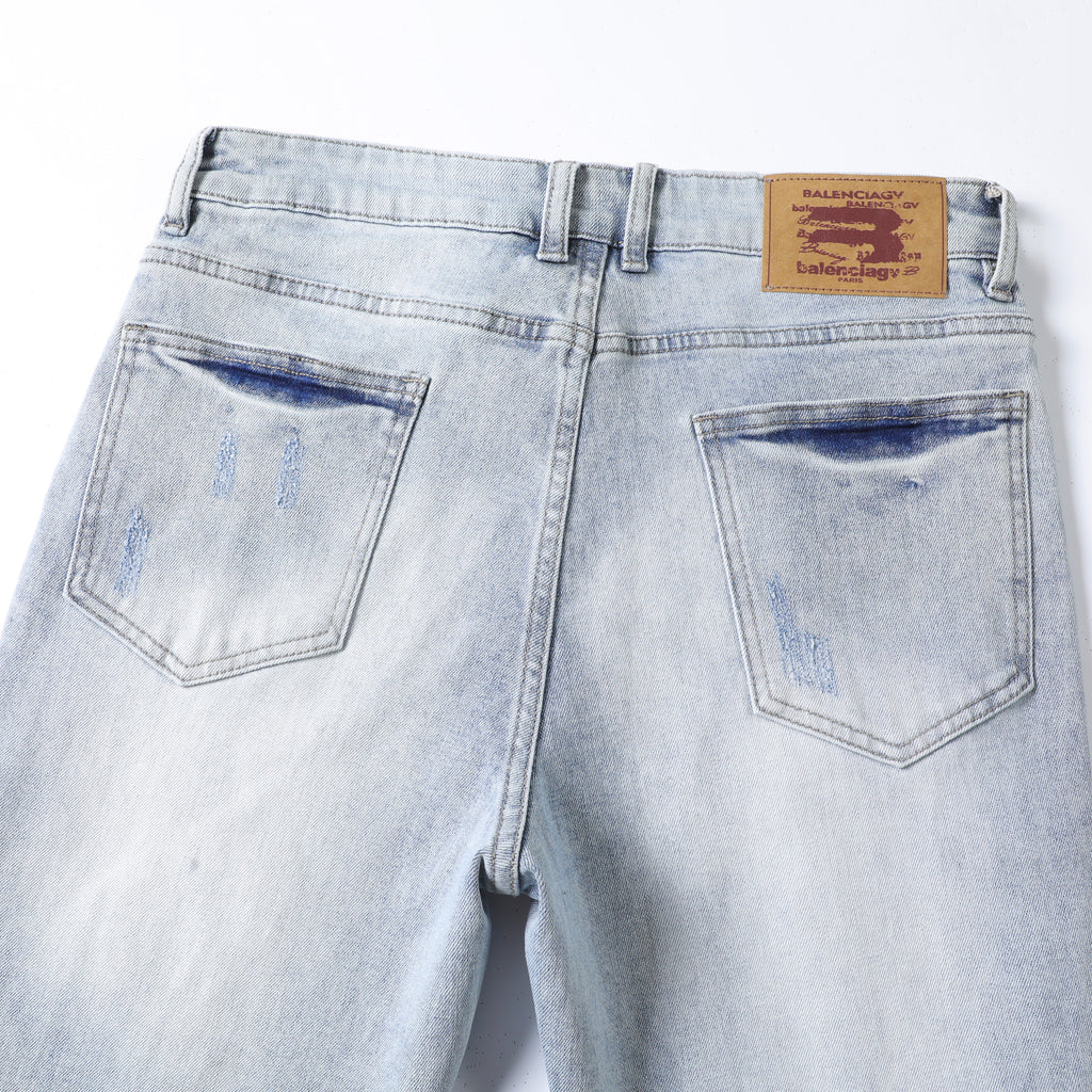 Men’s Light Wash Ripped Jeans – Slim Straight Distressed Denim Pants with Vintage Whisker Detail