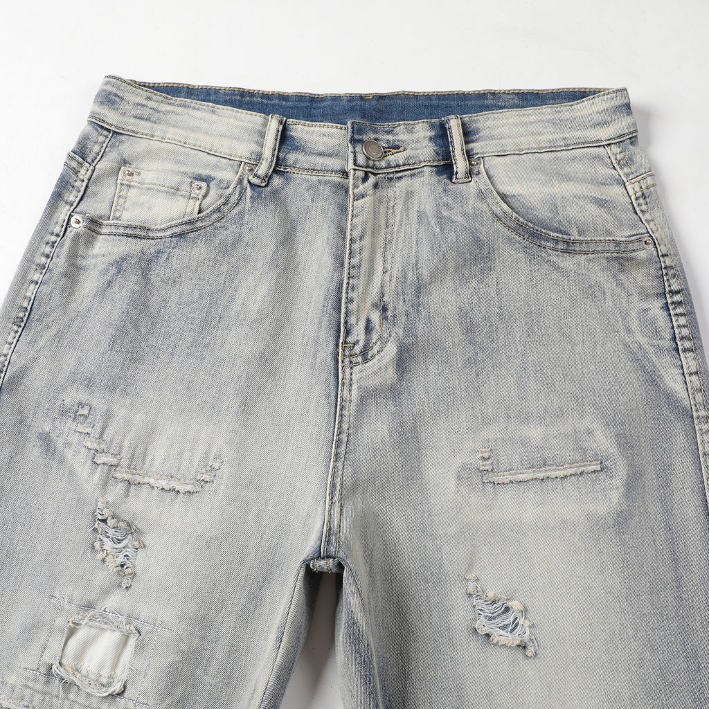 Men's Tapered Jeans - Vintage Sand Wash Distressed Patch Denim