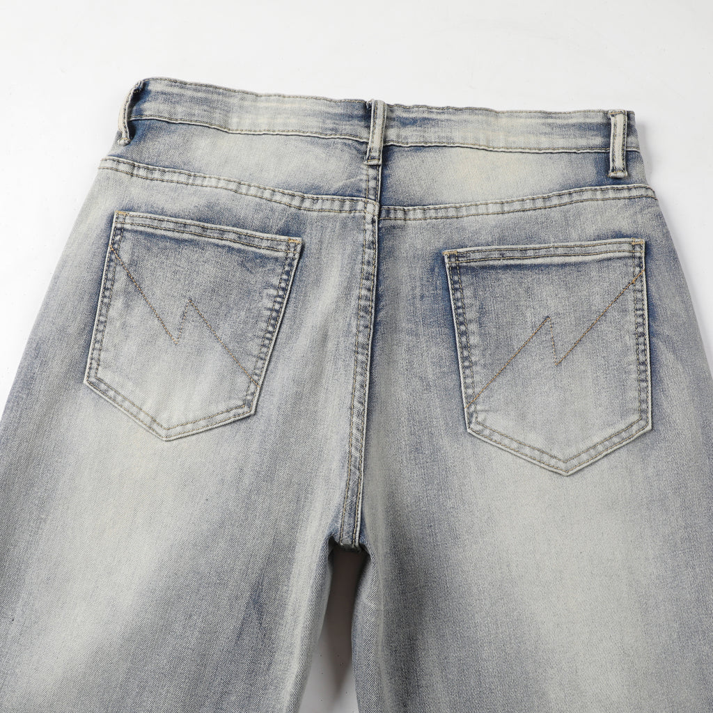 Men's Tapered Jeans - Vintage Sand Wash Distressed Patch Denim
