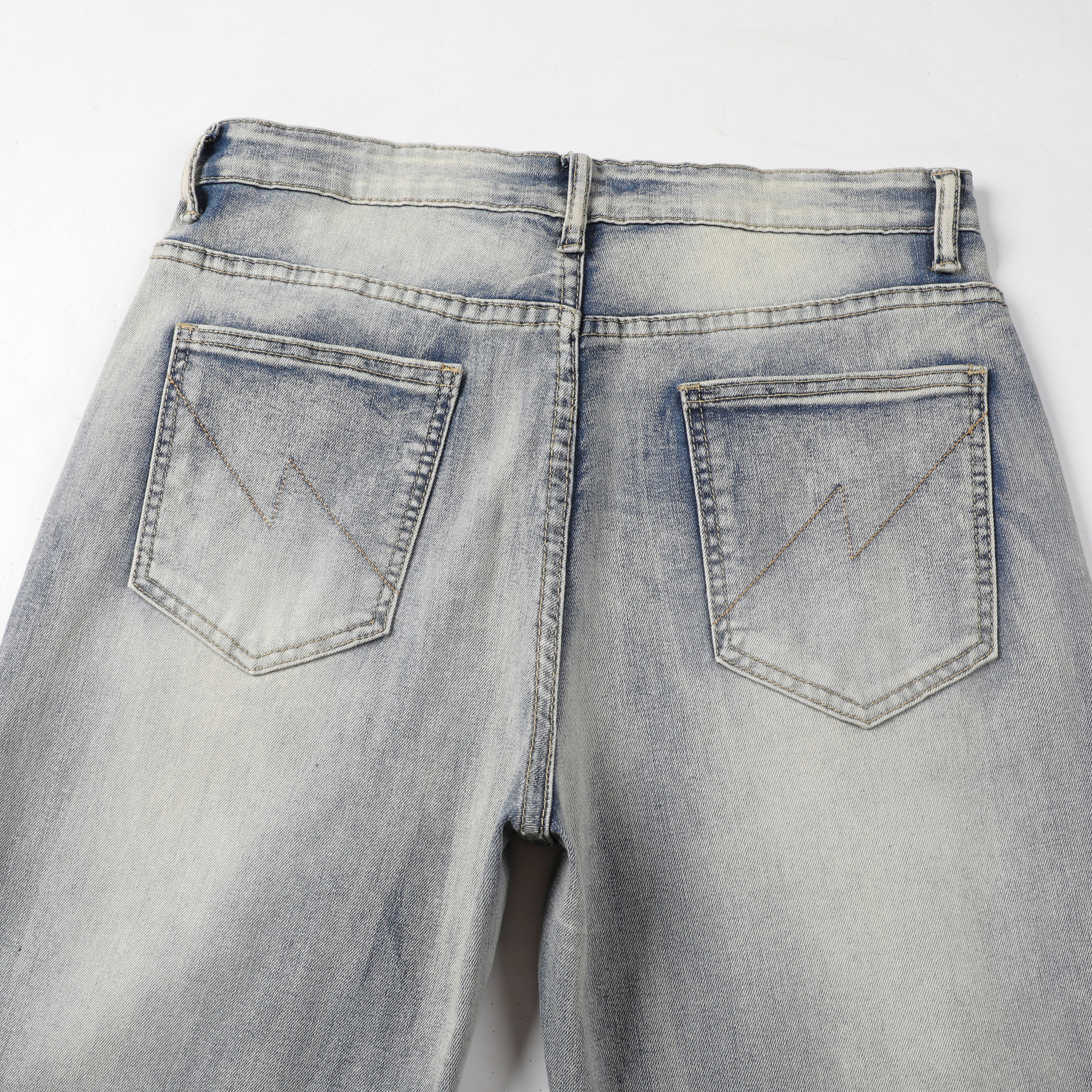 Men's Tapered Jeans - Vintage Sand Wash Distressed Patch Denim
