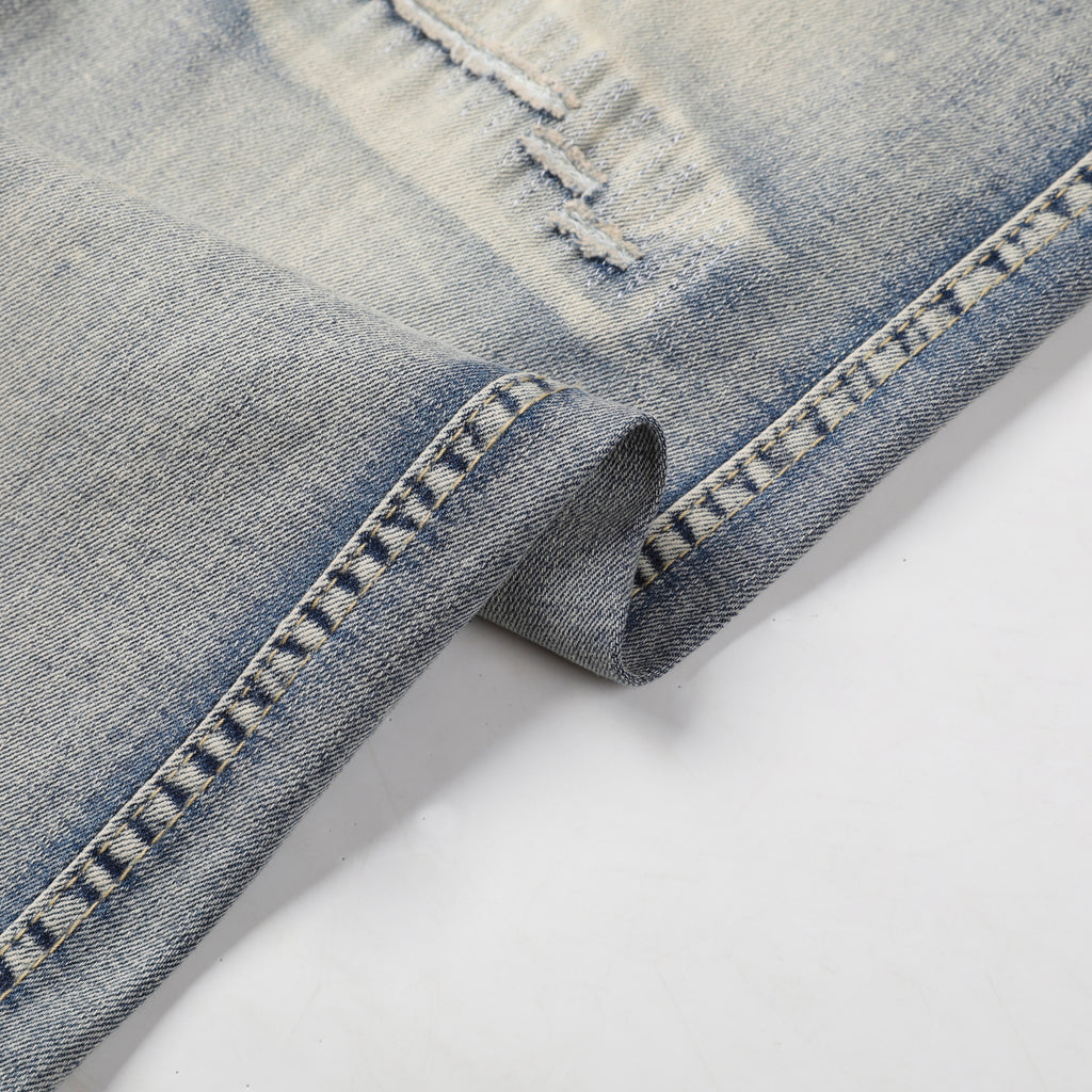 Men's Tapered Jeans - Vintage Sand Wash Distressed Patch Denim