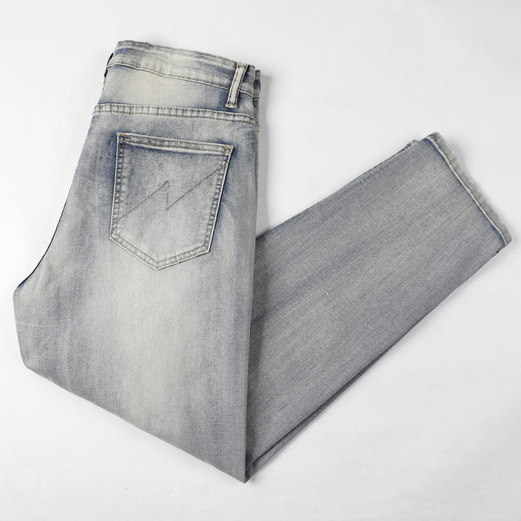 Men's Tapered Jeans - Vintage Sand Wash Distressed Patch Denim