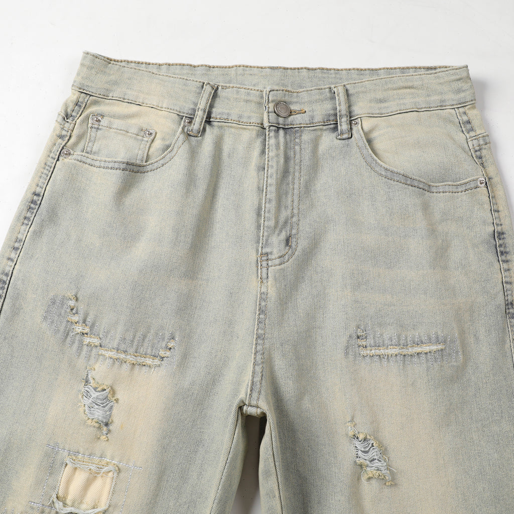 Men's Tapered Jeans - Vintage Sand Wash Distressed Patch Denim