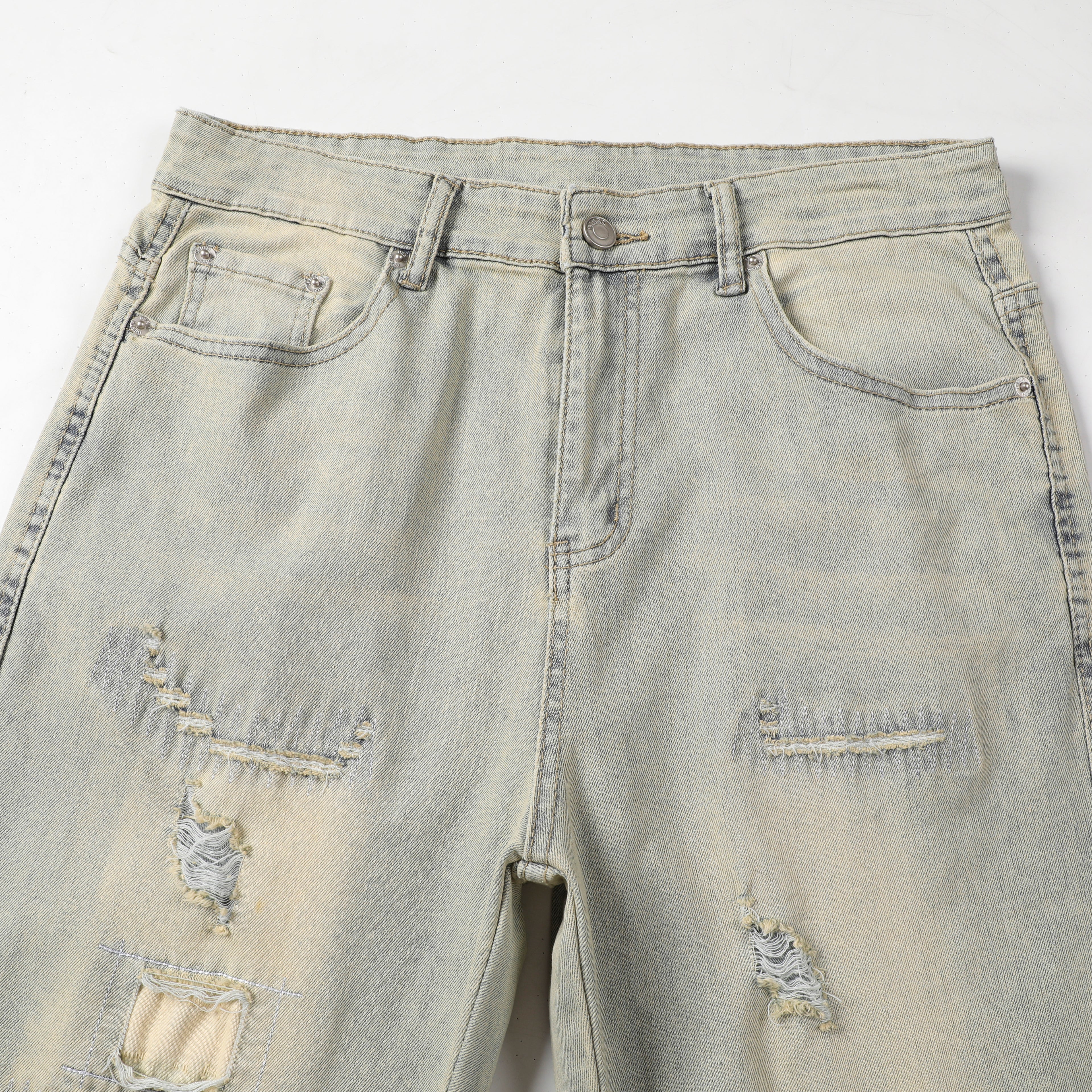 Men's Tapered Jeans - Vintage Sand Wash Distressed Patch Denim