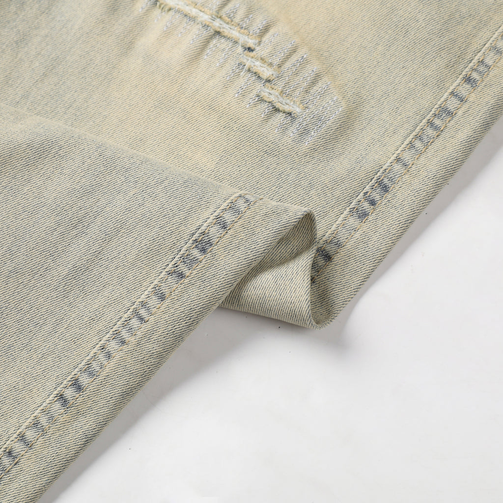 Men's Tapered Jeans - Vintage Sand Wash Distressed Patch Denim