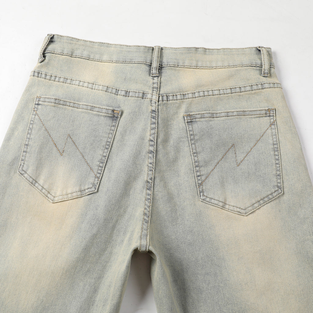 Men's Tapered Jeans - Vintage Sand Wash Distressed Patch Denim