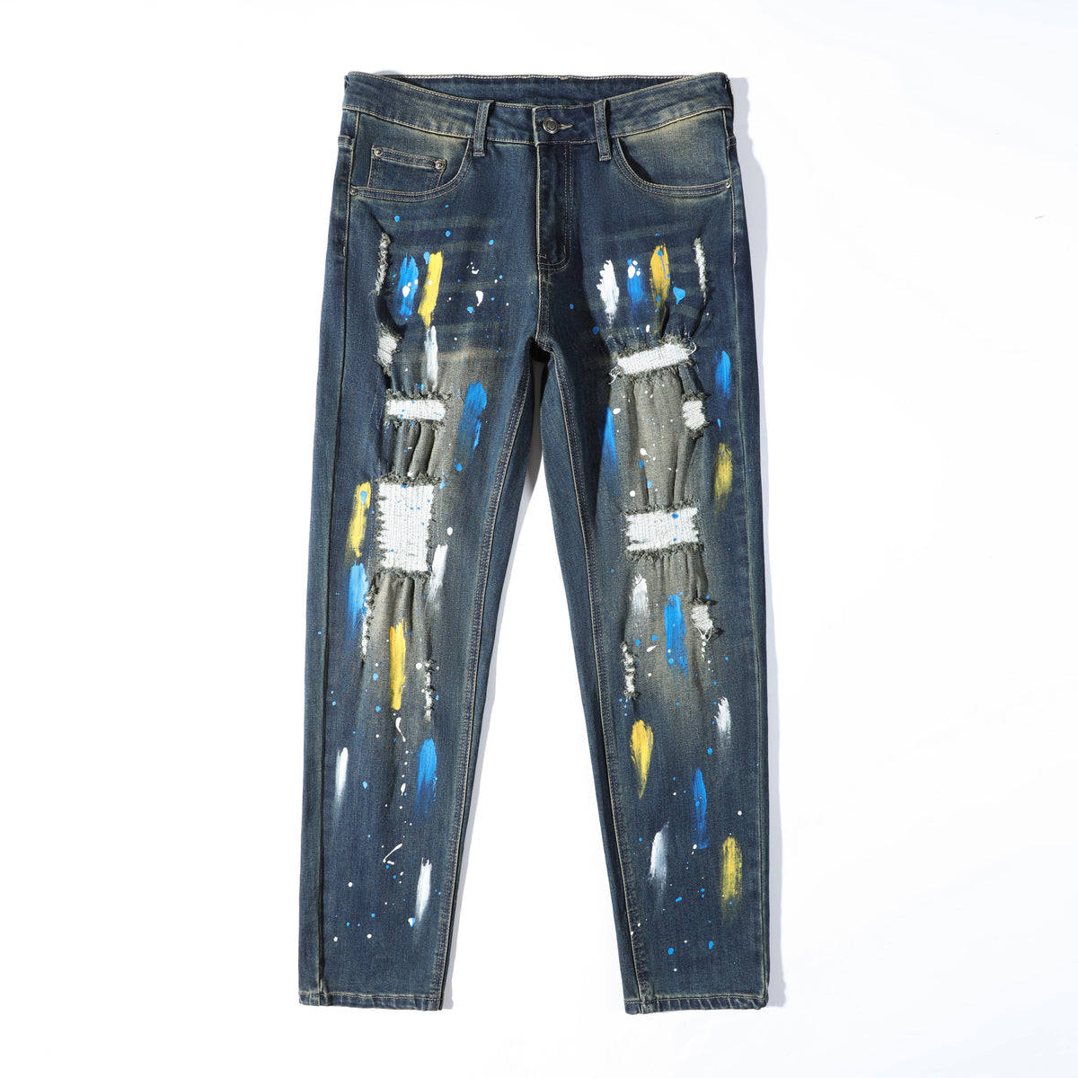 Men’s Dark Wash Paint Splatter Ripped Jeans – Slim Straight Distressed Denim Pants for Streetwear