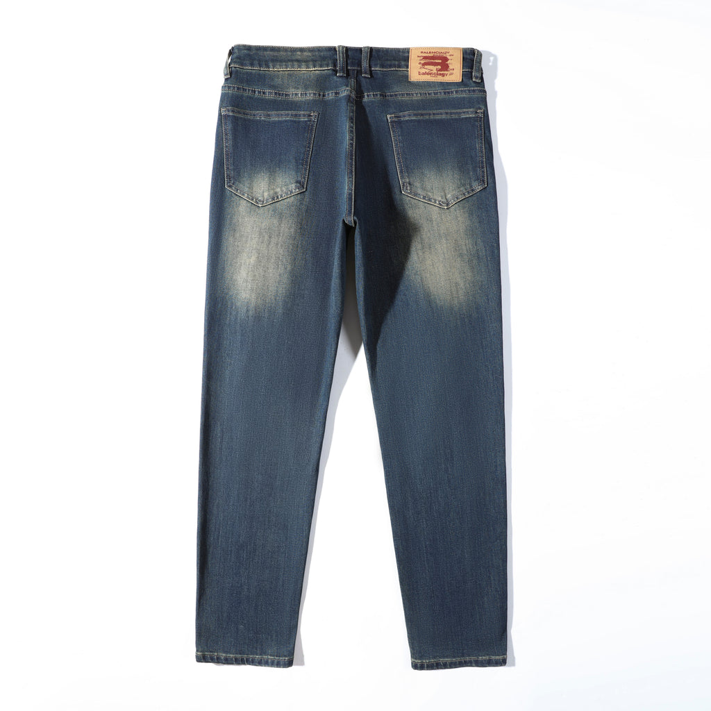 Men’s Dark Wash Paint Splatter Ripped Jeans – Slim Straight Distressed Denim Pants for Streetwear