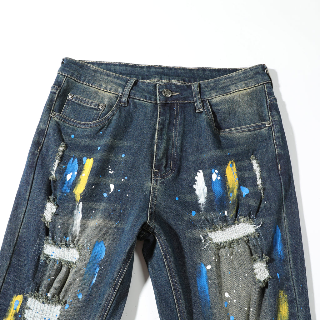 Men’s Dark Wash Paint Splatter Ripped Jeans – Slim Straight Distressed Denim Pants for Streetwear
