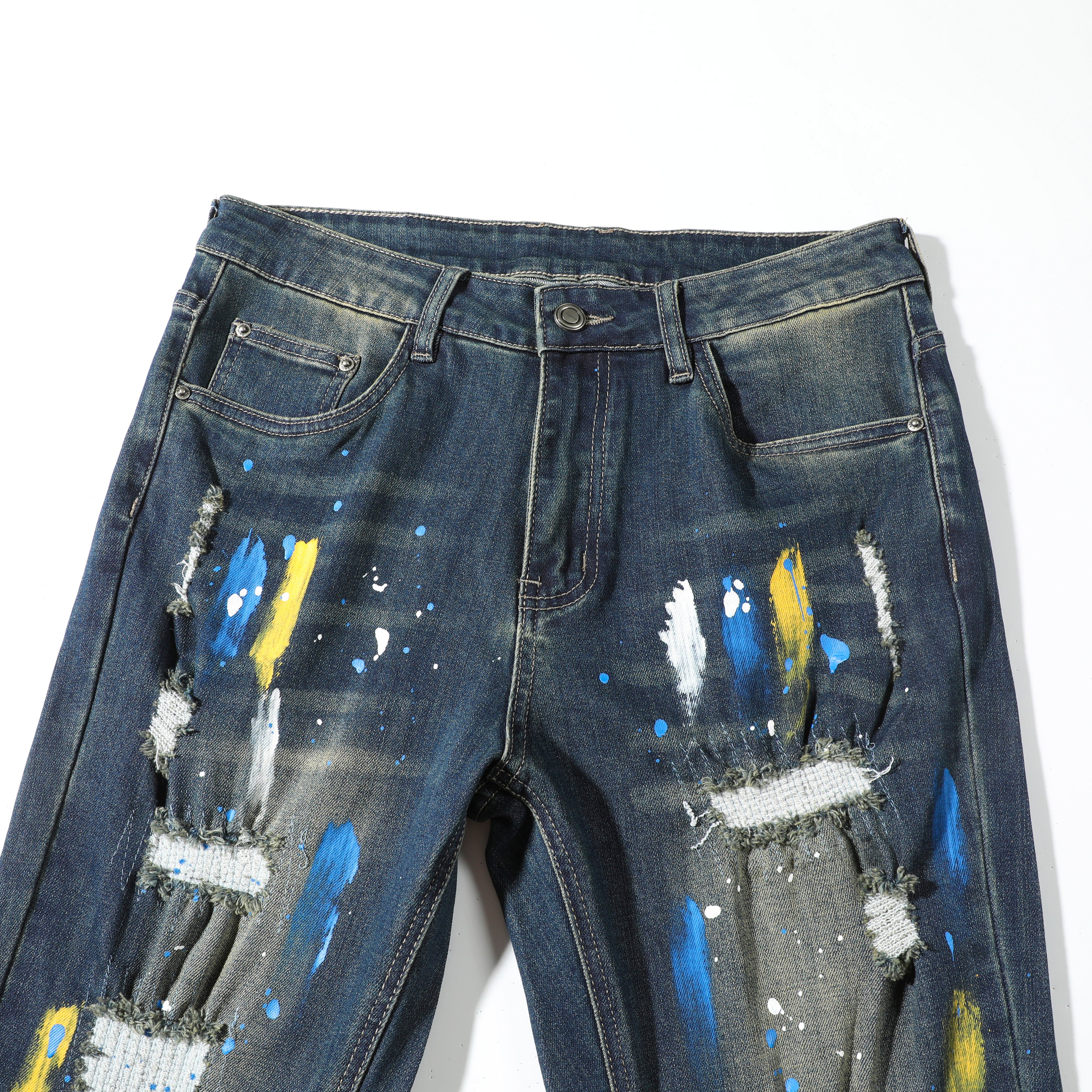 Men’s Dark Wash Paint Splatter Ripped Jeans – Slim Straight Distressed Denim Pants for Streetwear