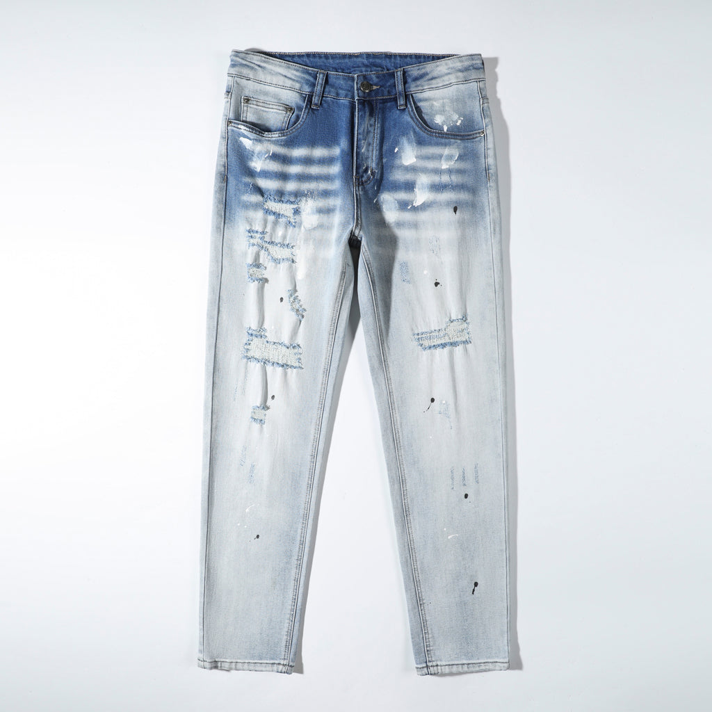 Men’s Light Wash Paint Splatter Ripped Jeans – Slim Straight Distressed Denim Pants with Patch Detail