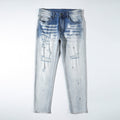 Men’s Light Wash Paint Splatter Ripped Jeans – Slim Straight Distressed Denim Pants with Patch Detail