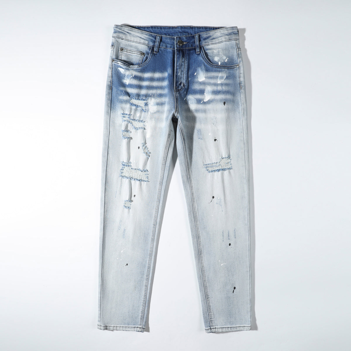 Men’s Light Wash Paint Splatter Ripped Jeans – Slim Straight Distressed Denim Pants with Patch Detail