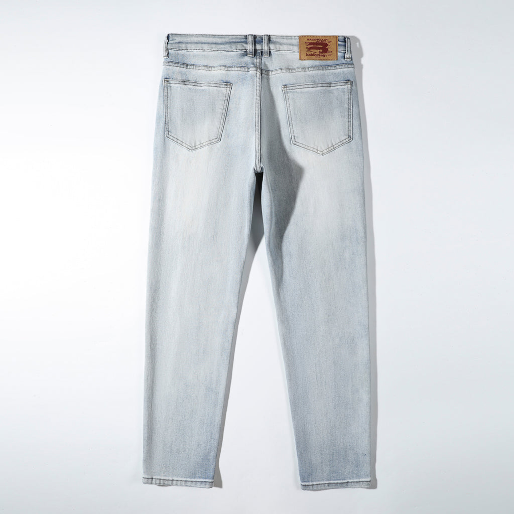 Men’s Light Wash Paint Splatter Ripped Jeans – Slim Straight Distressed Denim Pants with Patch Detail