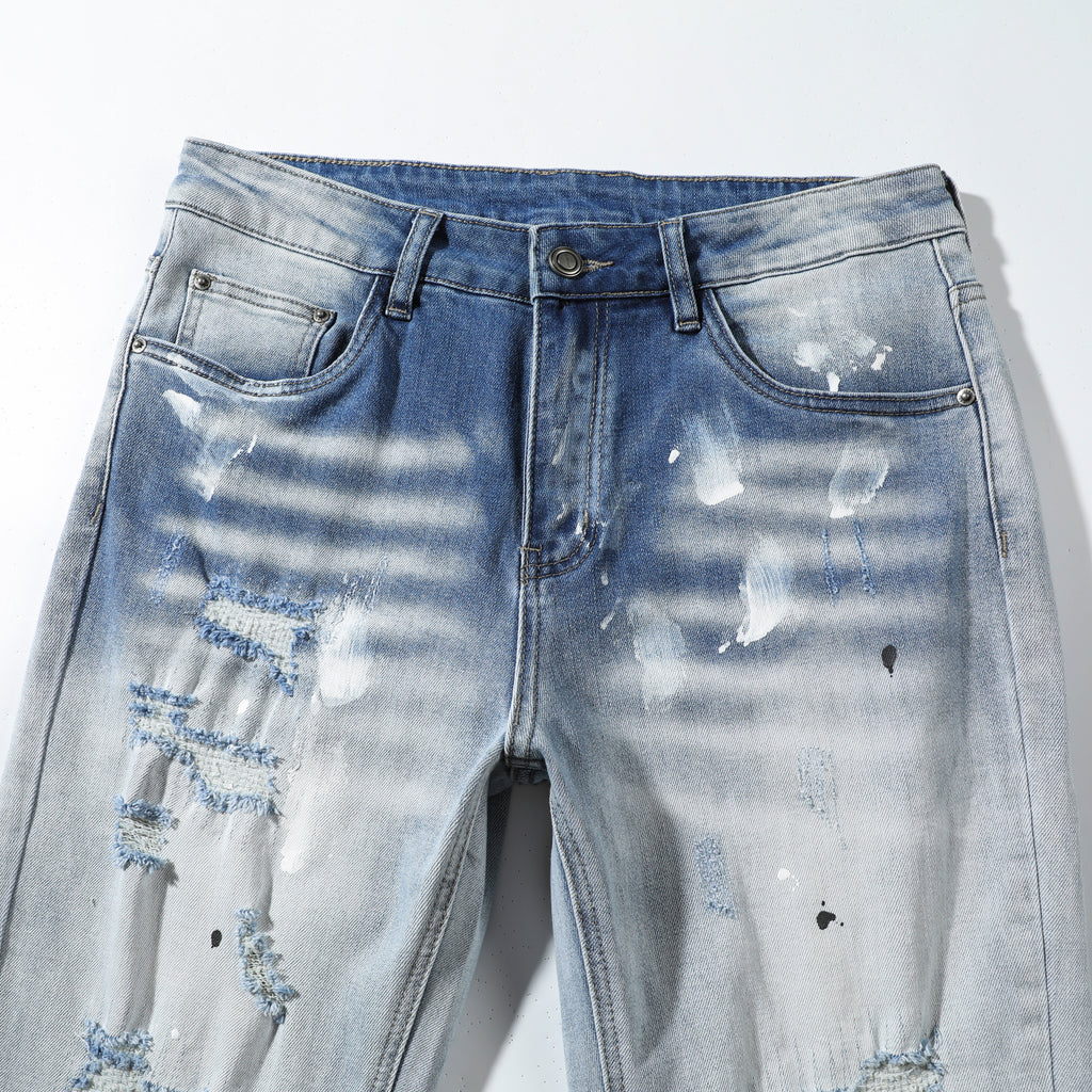 Men’s Light Wash Paint Splatter Ripped Jeans – Slim Straight Distressed Denim Pants with Patch Detail