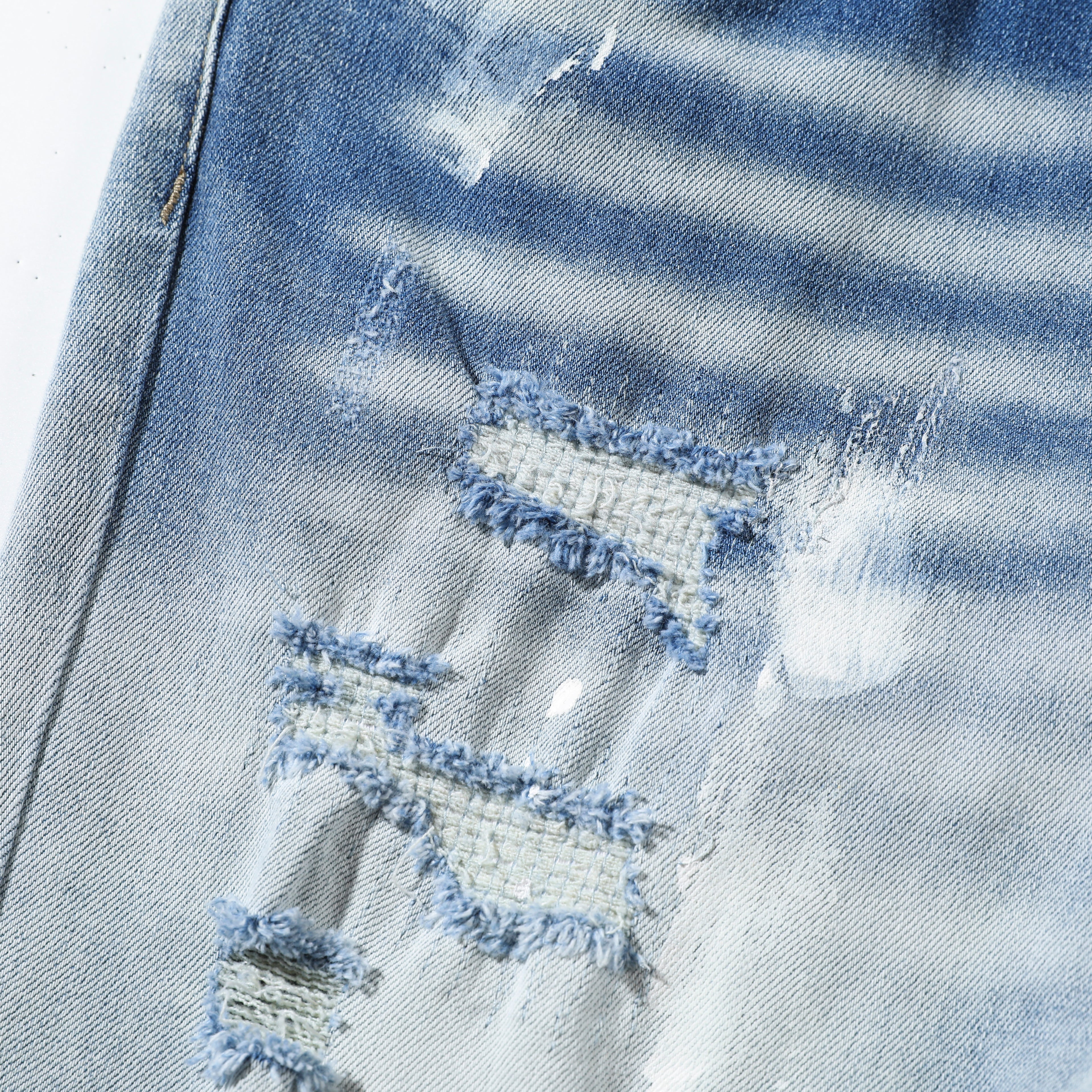 Men’s Light Wash Paint Splatter Ripped Jeans – Slim Straight Distressed Denim Pants with Patch Detail