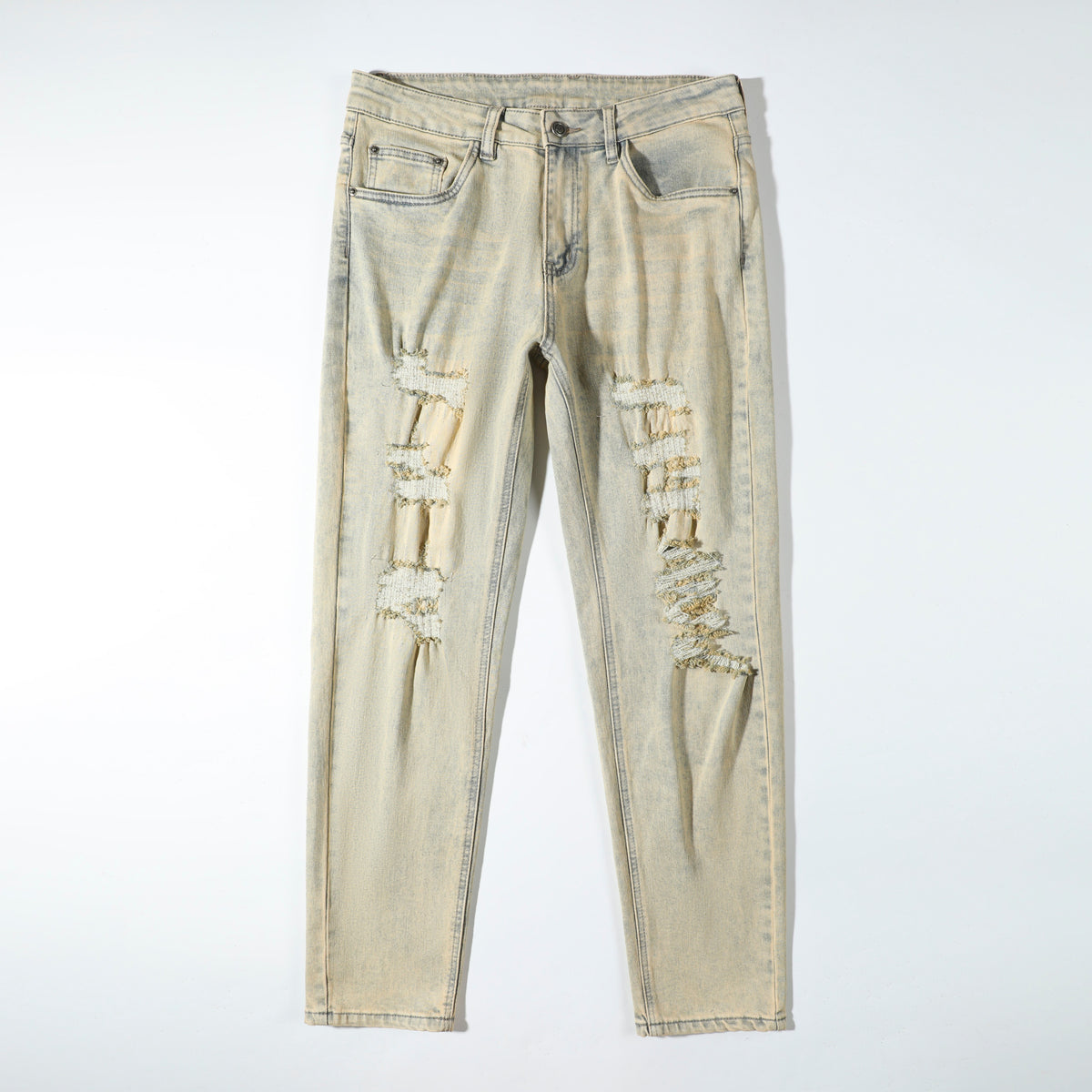 Men’s Khaki Wash Ripped Jeans – Slim Straight Distressed Denim Pants with Sand Washed Streetwear Detail