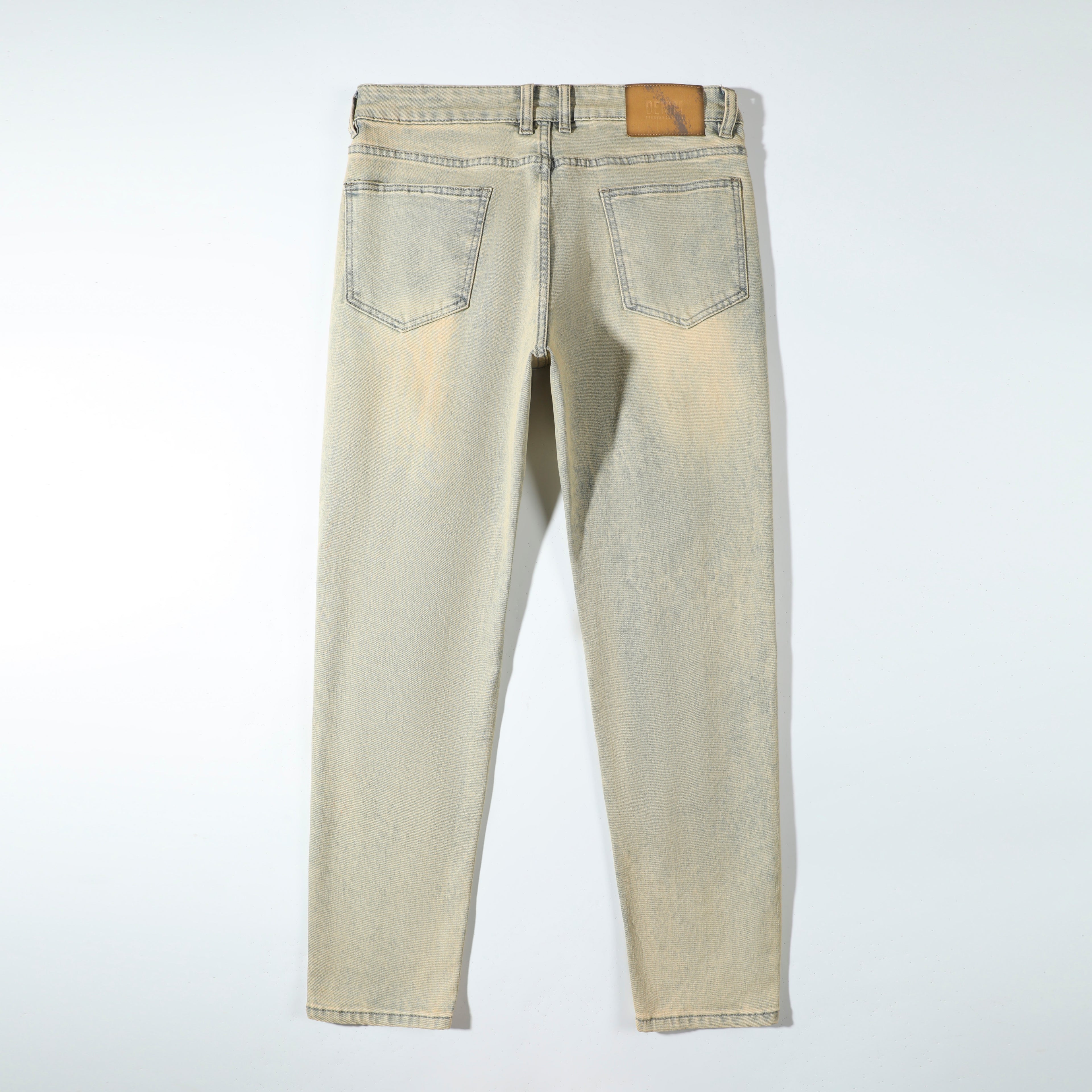 Men’s Khaki Wash Ripped Jeans – Slim Straight Distressed Denim Pants with Sand Washed Streetwear Detail