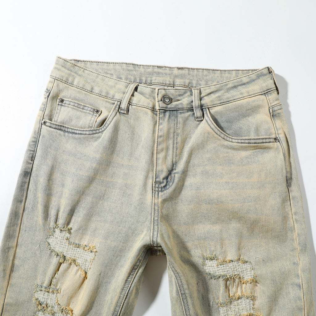 Men’s Khaki Wash Ripped Jeans – Slim Straight Distressed Denim Pants with Sand Washed Streetwear Detail