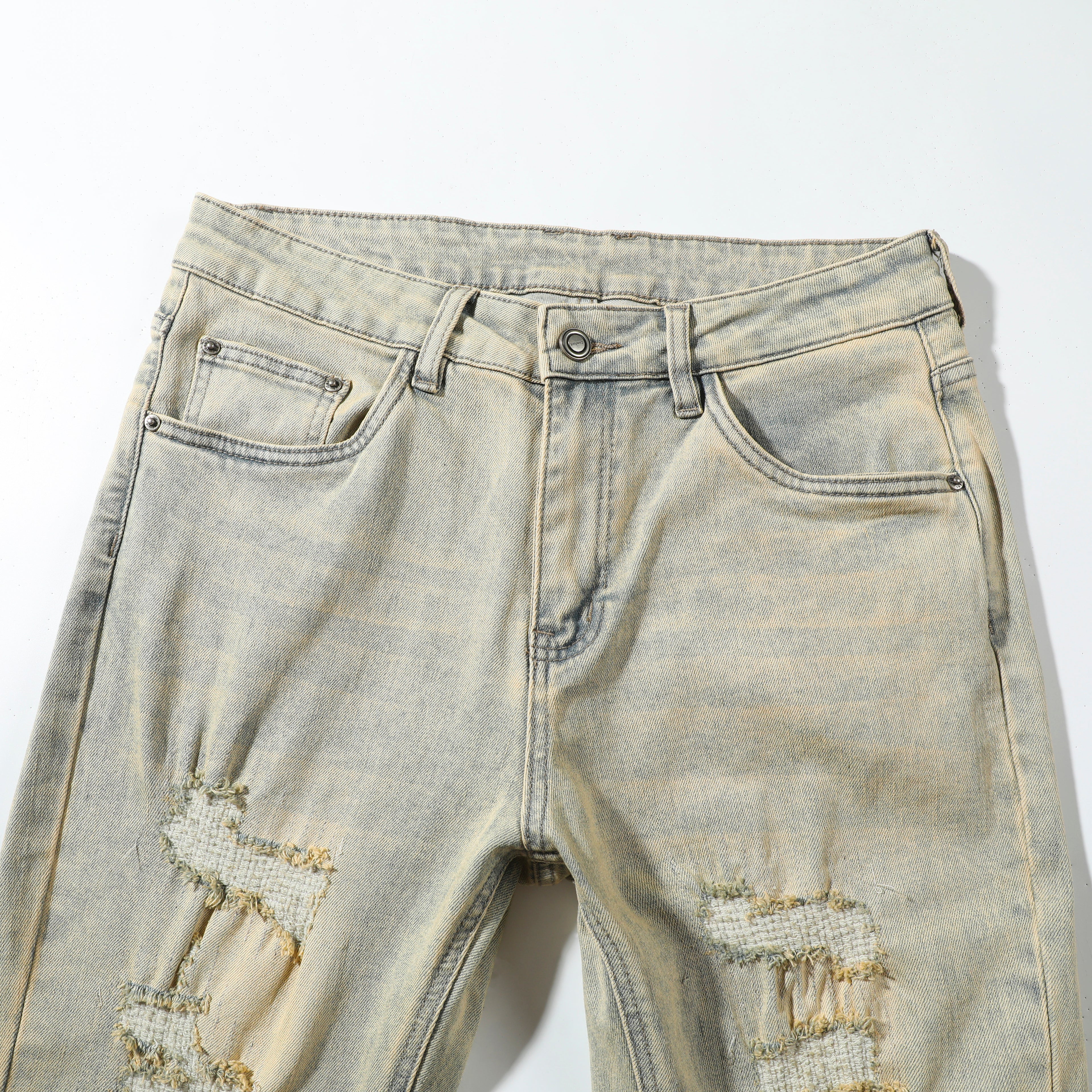Men’s Khaki Wash Ripped Jeans – Slim Straight Distressed Denim Pants with Sand Washed Streetwear Detail