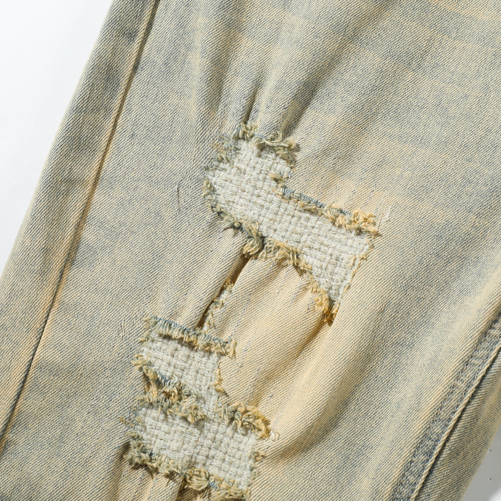 Men’s Khaki Wash Ripped Jeans – Slim Straight Distressed Denim Pants with Sand Washed Streetwear Detail