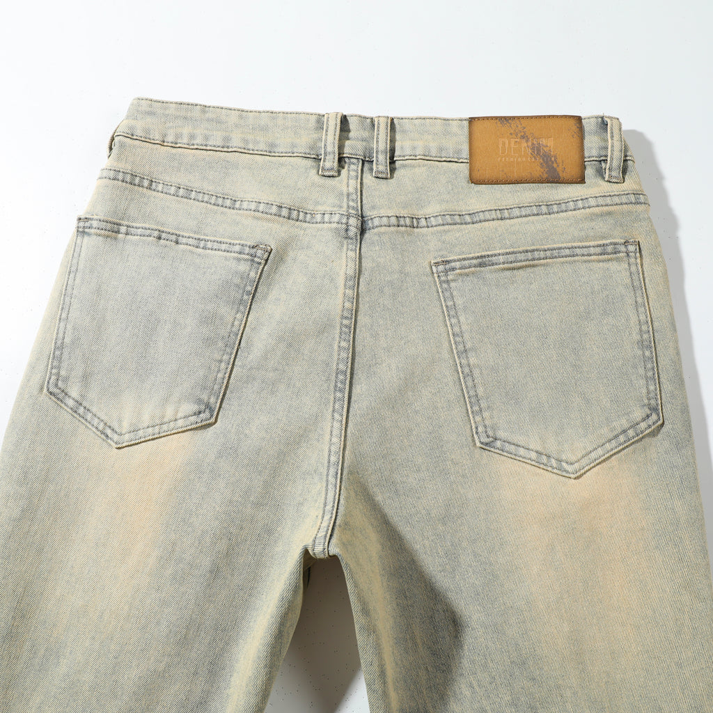 Men’s Khaki Wash Ripped Jeans – Slim Straight Distressed Denim Pants with Sand Washed Streetwear Detail