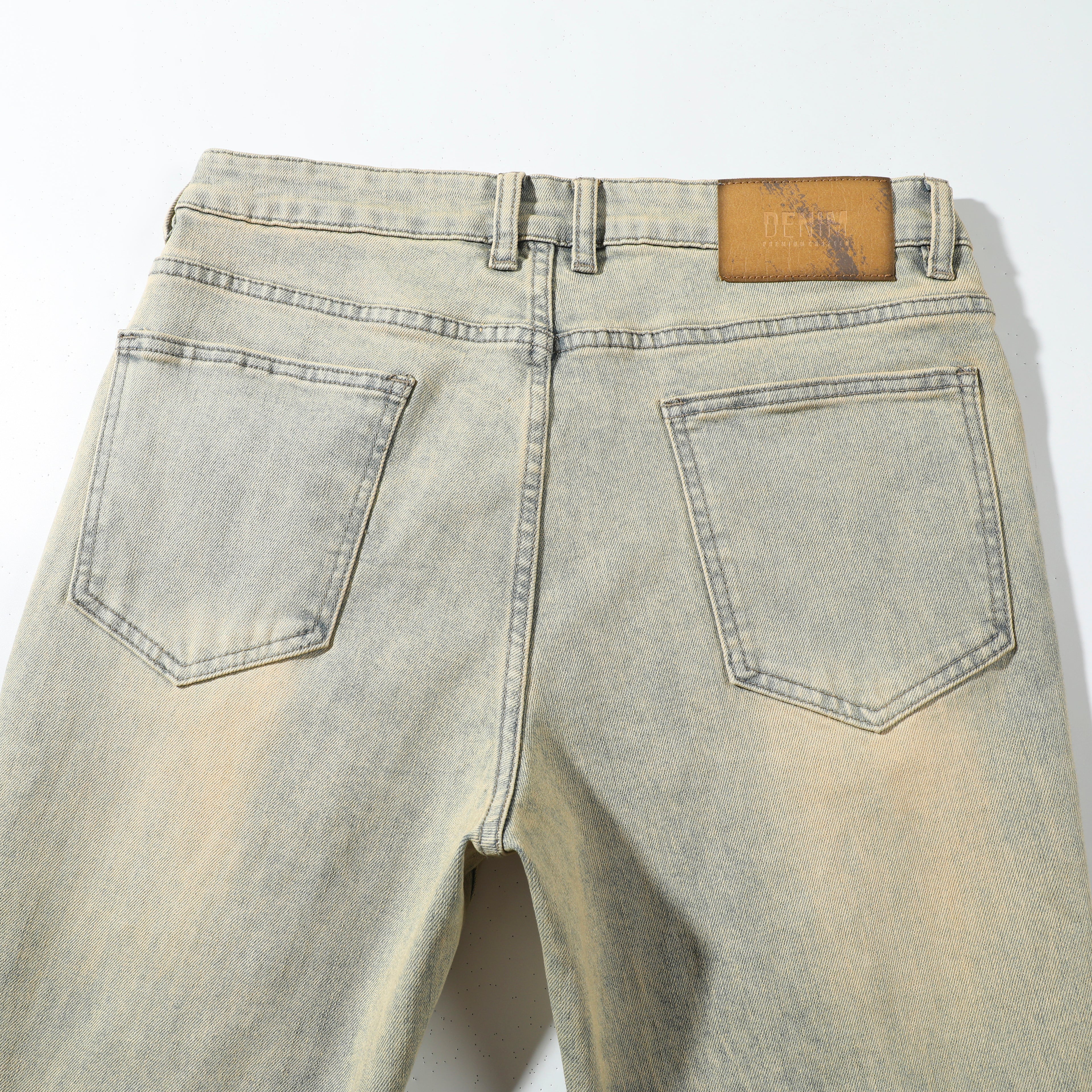 Men’s Khaki Wash Ripped Jeans – Slim Straight Distressed Denim Pants with Sand Washed Streetwear Detail