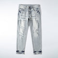 Men’s Light Wash Ripped Jeans – Slim Straight Distressed Denim Pants with Vintage Whisker Detail