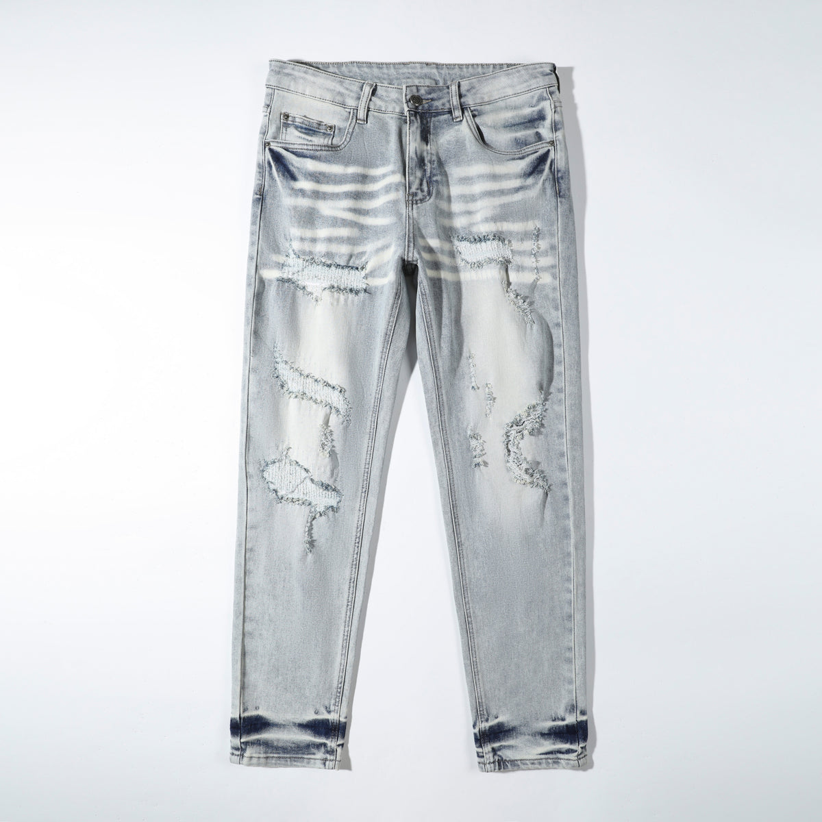 Men’s Light Wash Ripped Jeans – Slim Straight Distressed Denim Pants with Vintage Whisker Detail