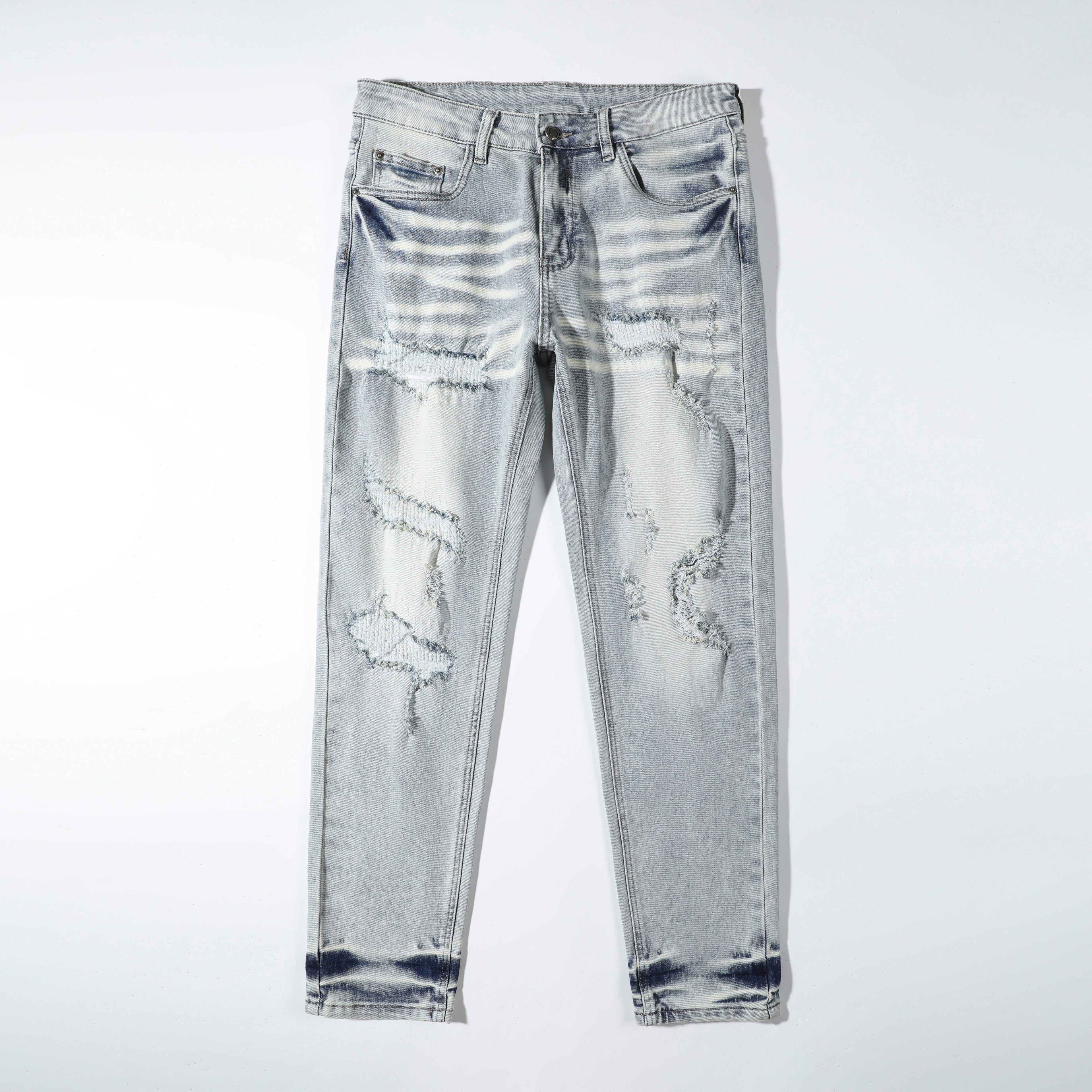 Men’s Light Wash Ripped Jeans – Slim Straight Distressed Denim Pants with Vintage Whisker Detail