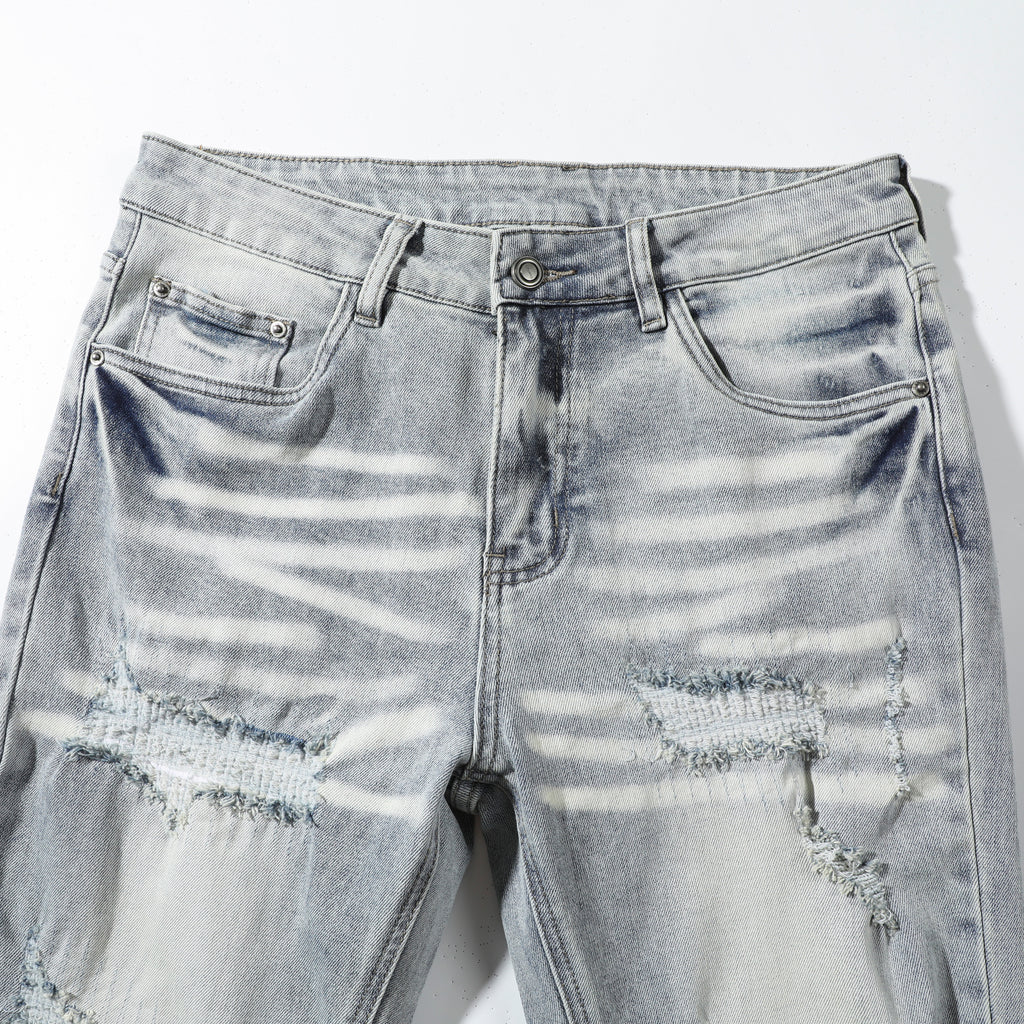 Men’s Light Wash Ripped Jeans – Slim Straight Distressed Denim Pants with Vintage Whisker Detail