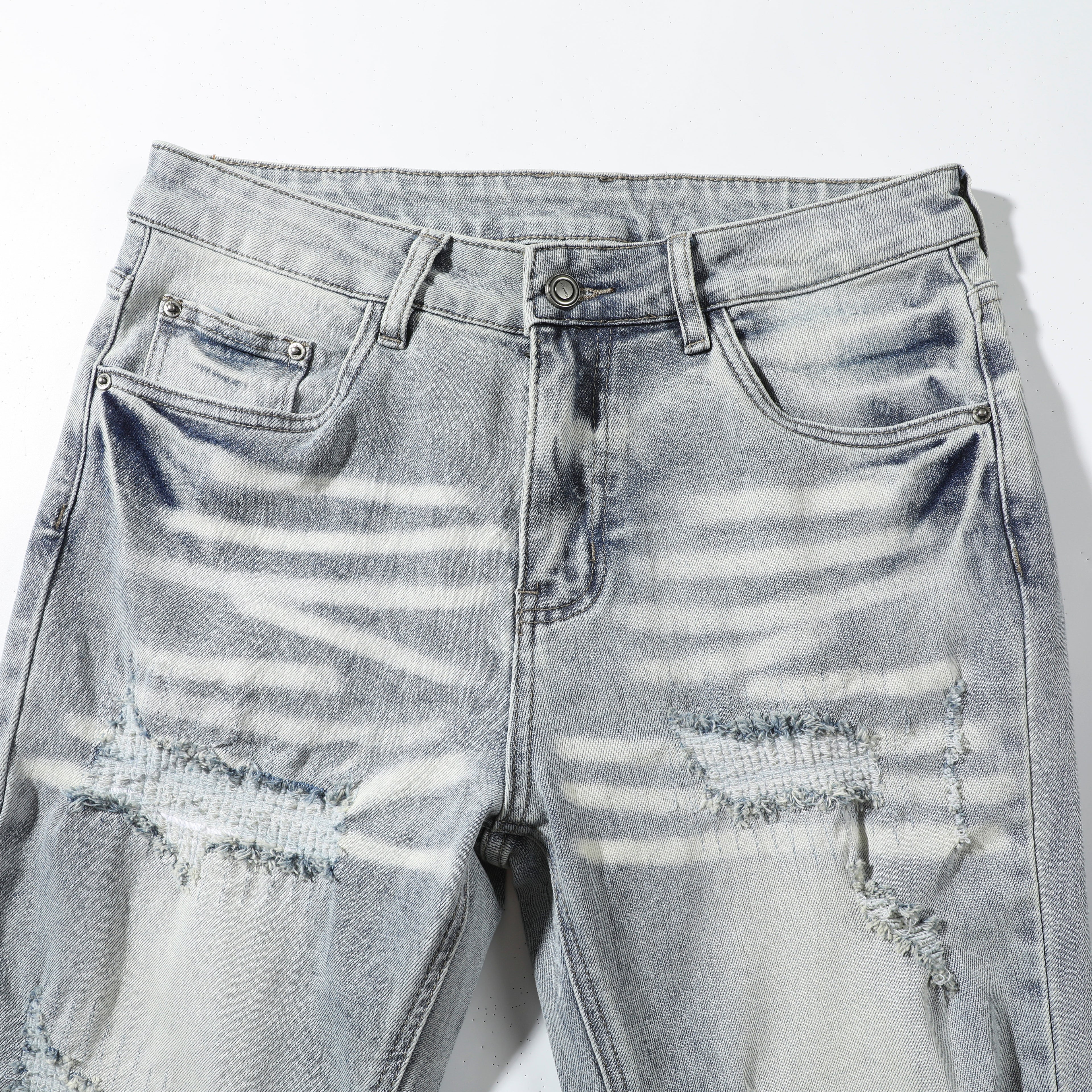 Men’s Light Wash Ripped Jeans – Slim Straight Distressed Denim Pants with Vintage Whisker Detail